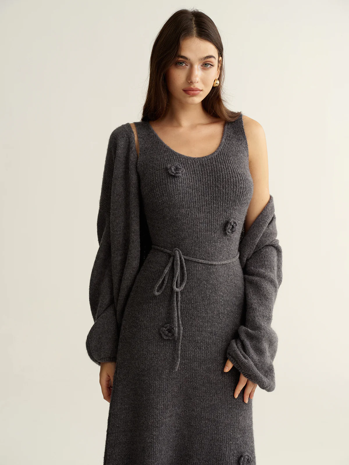 3D Floral Knit Dress & Cardigan Two-Piece Set - Wholesalesil