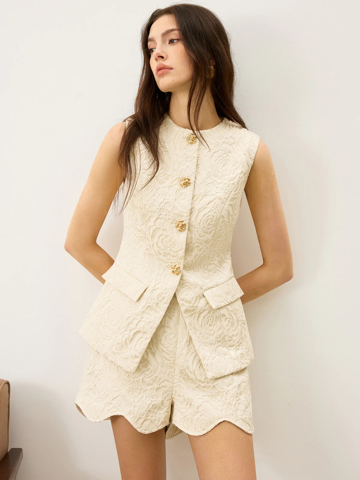 Textured Jacquard Vest with Metal Button - Wholesalesil