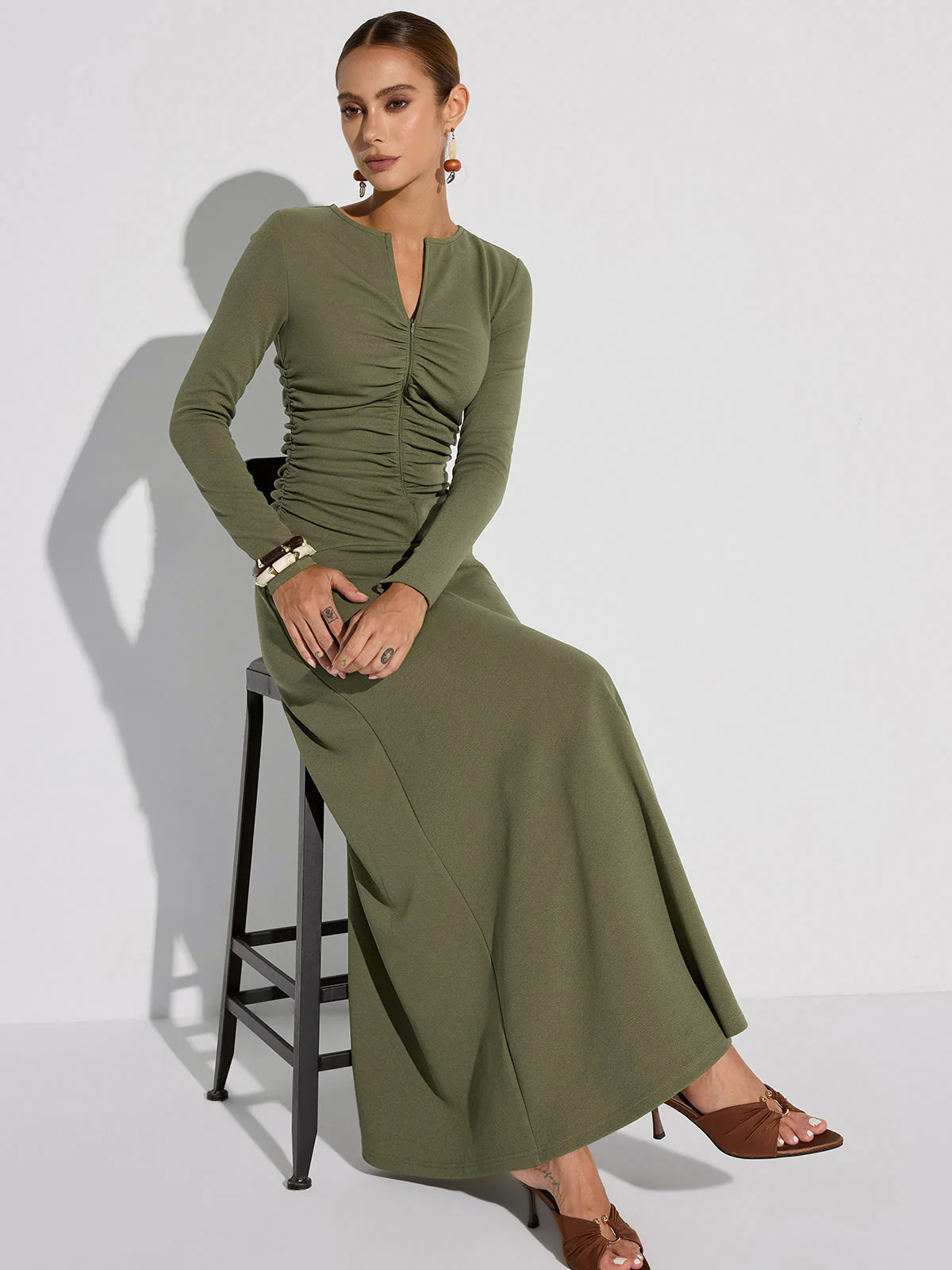 Zipper-Front Ruched Maxi Dress - Wholesalesil