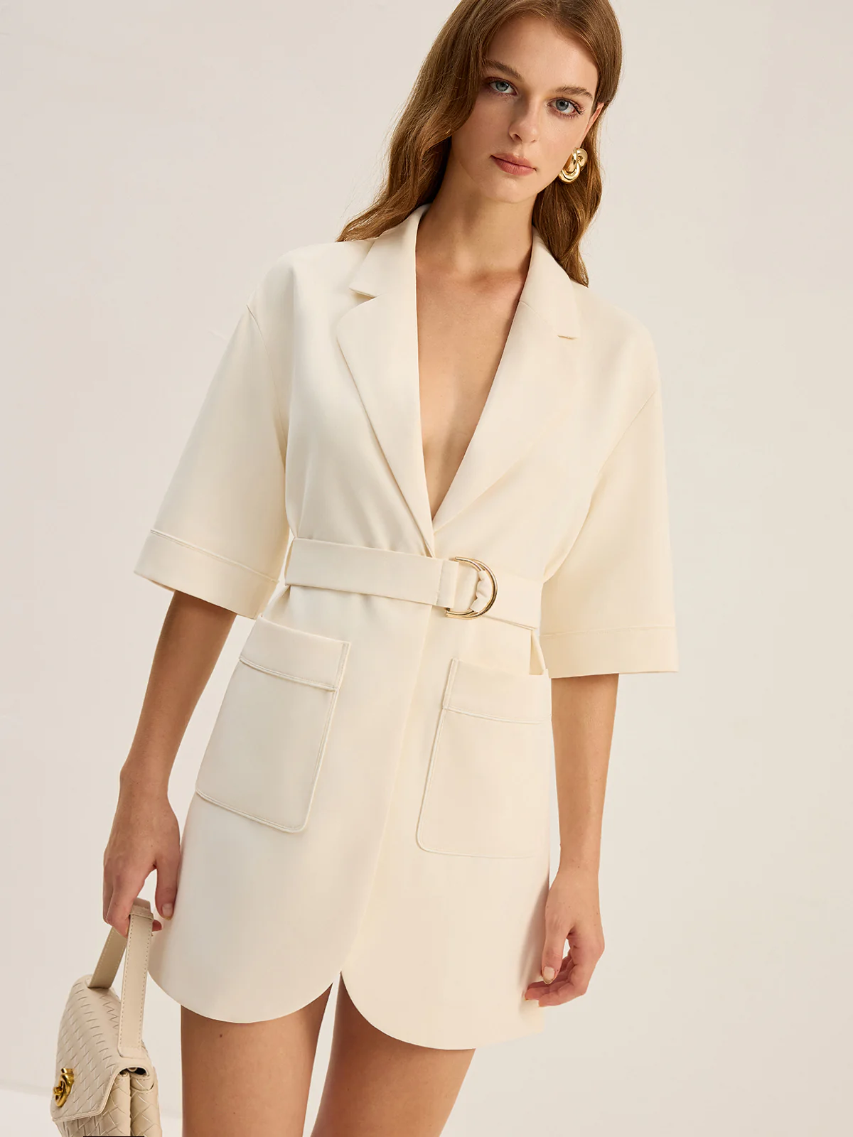 Belted Pocketed Blazer Dress - Wholesalesil