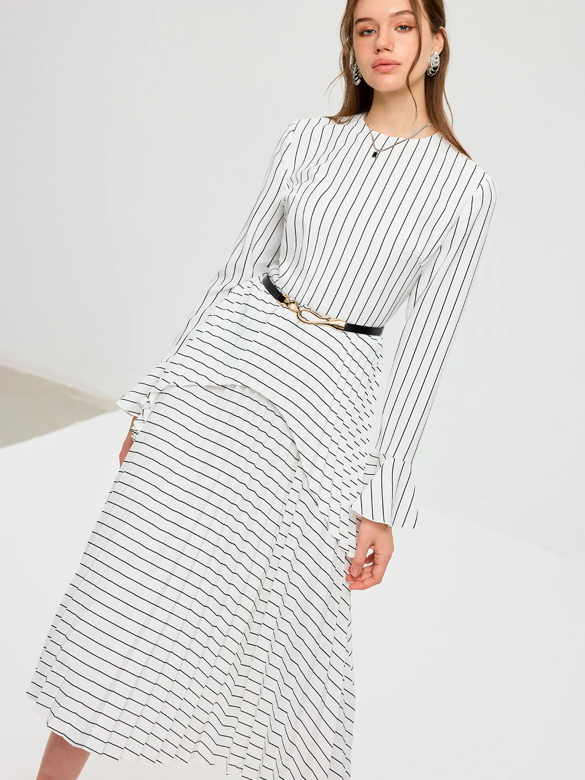 Striped Long Sleeve Belted Midi Dress - Wholesalesil