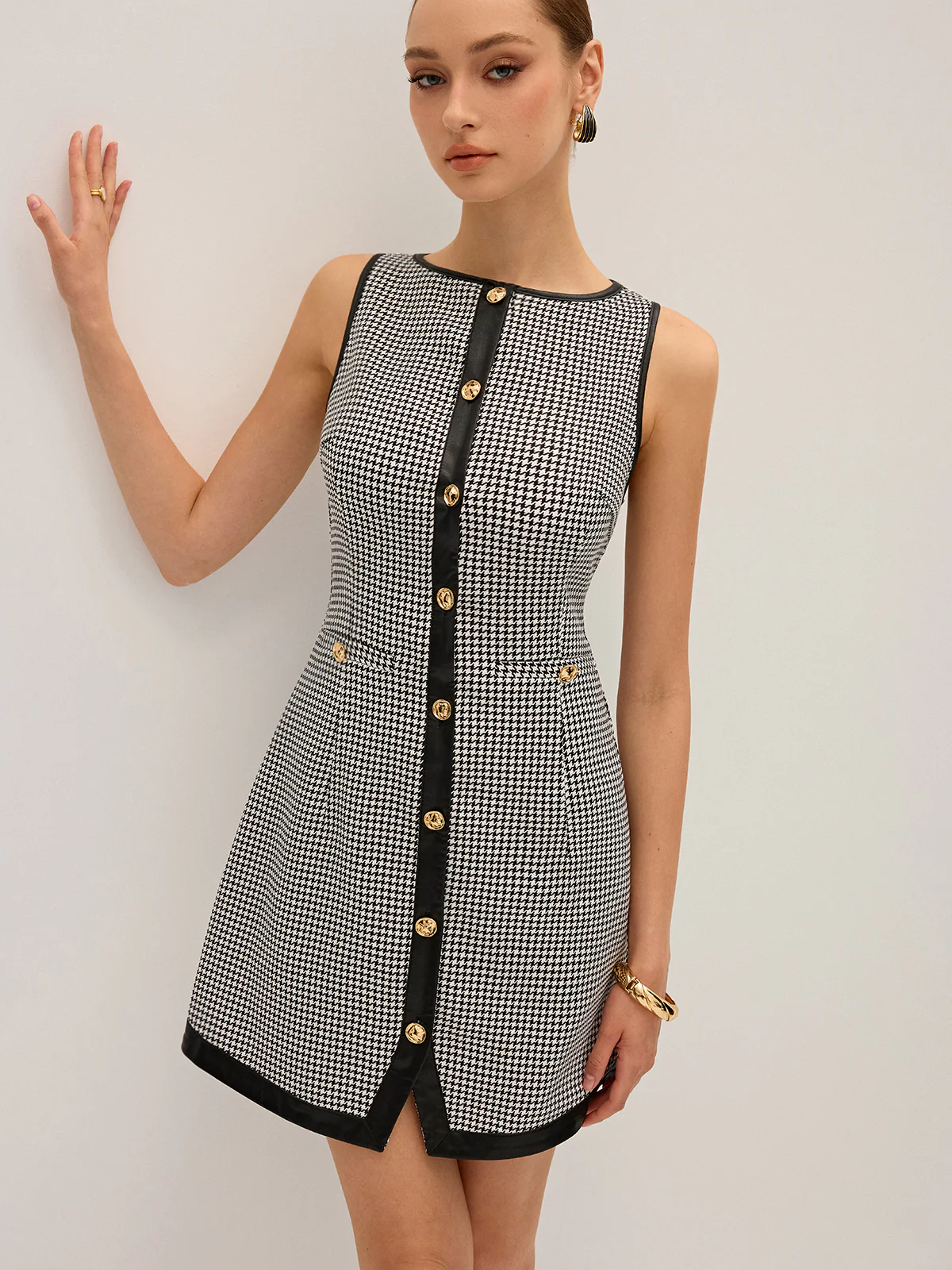 Houndstooth PU Leather Trim Mini Dress - Wholesalesil