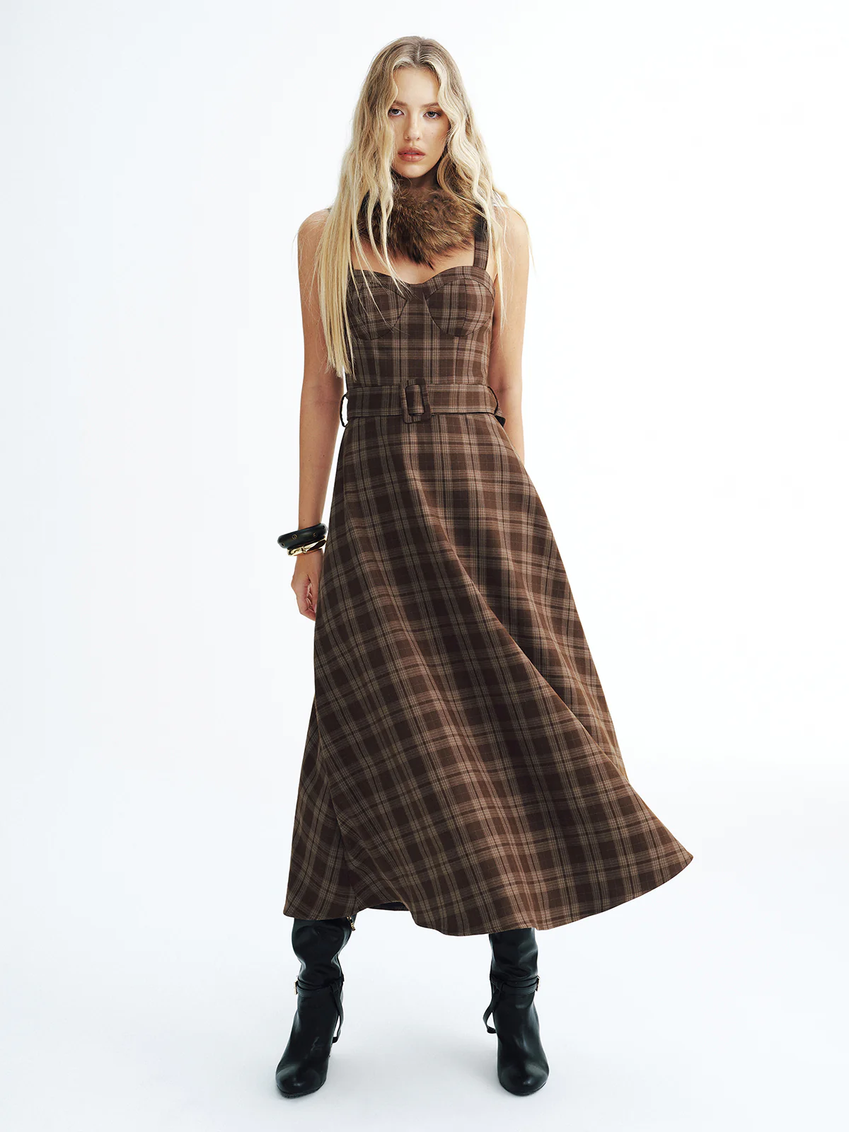 Belted Plaid Strappy Maxi Dress - Wholesalesil