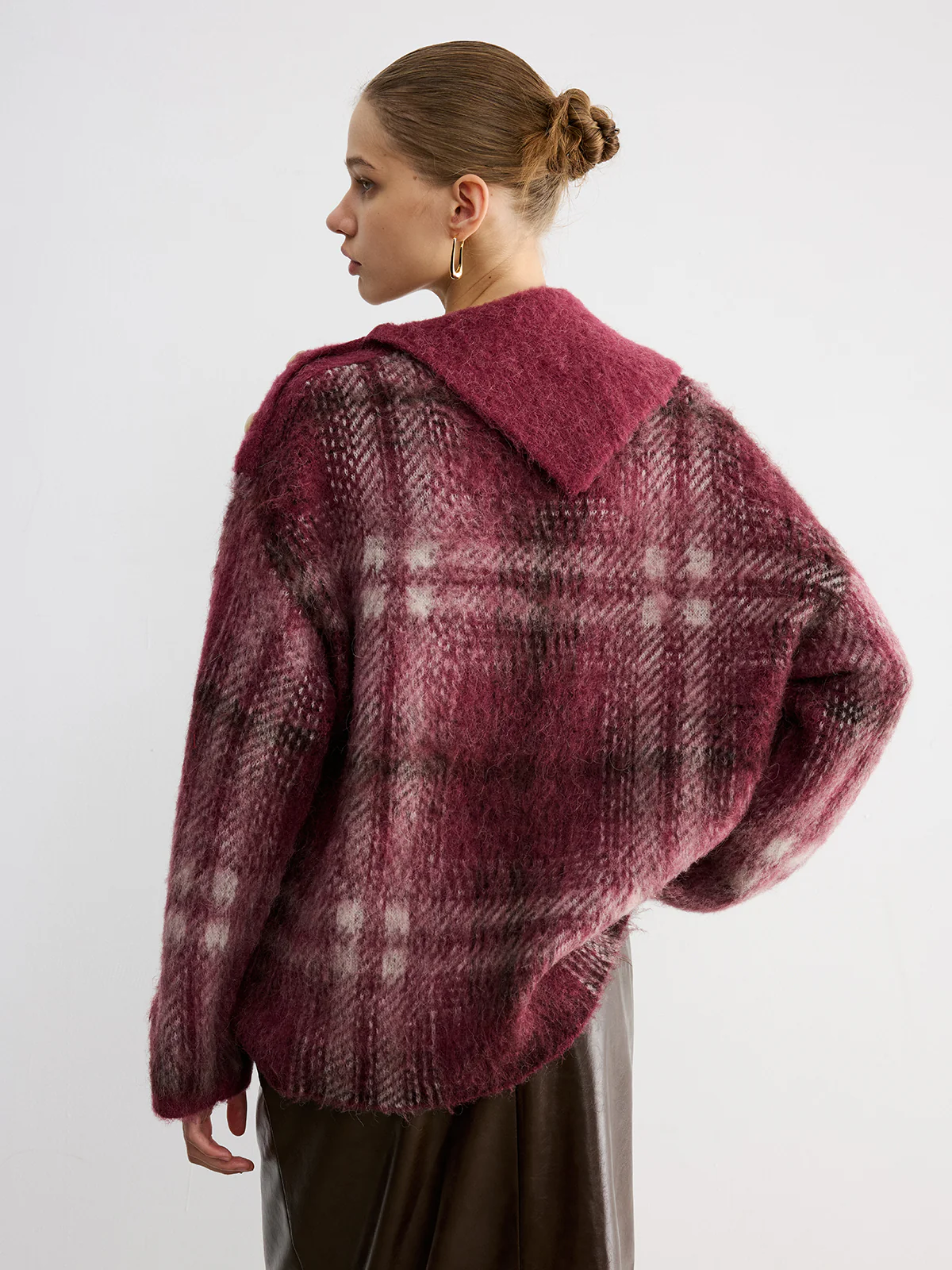 Wool Blend Plaid Asymmetric Collar Buttoned Sweater - Wholesalesil