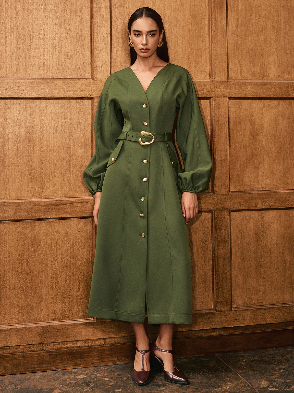 V-Neck Balloon Sleeve Belted Button-Front Dress - Wholesalesil