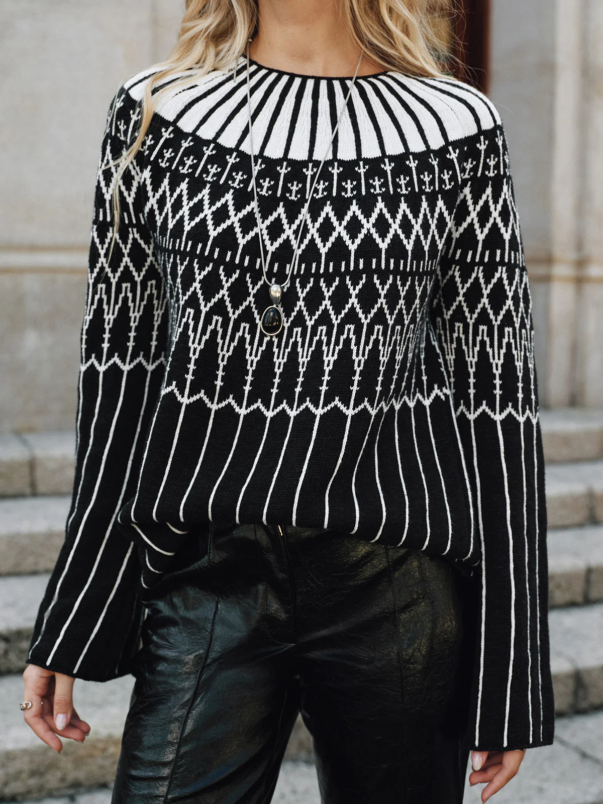 Fair Isle Pattern Bell Sleeve Sweater - Wholesalesil