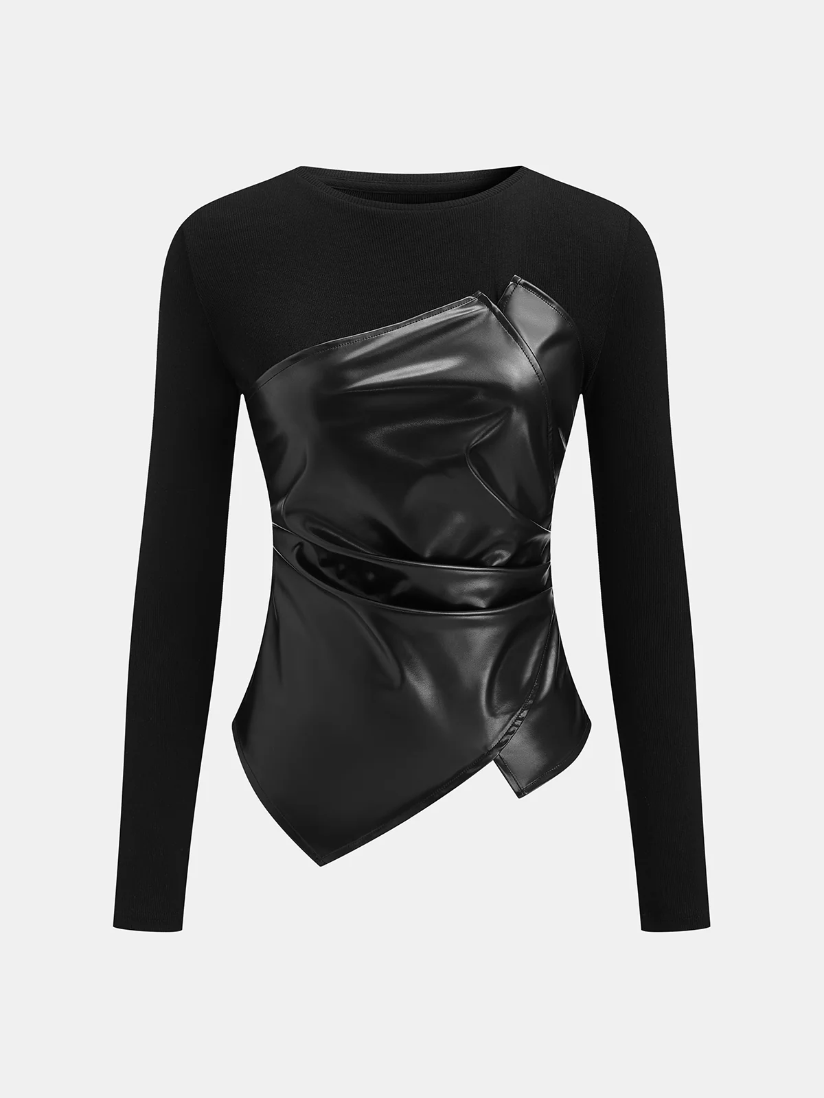 Faux Leather Panel Asymmetric Knit Top - Wholesalesil