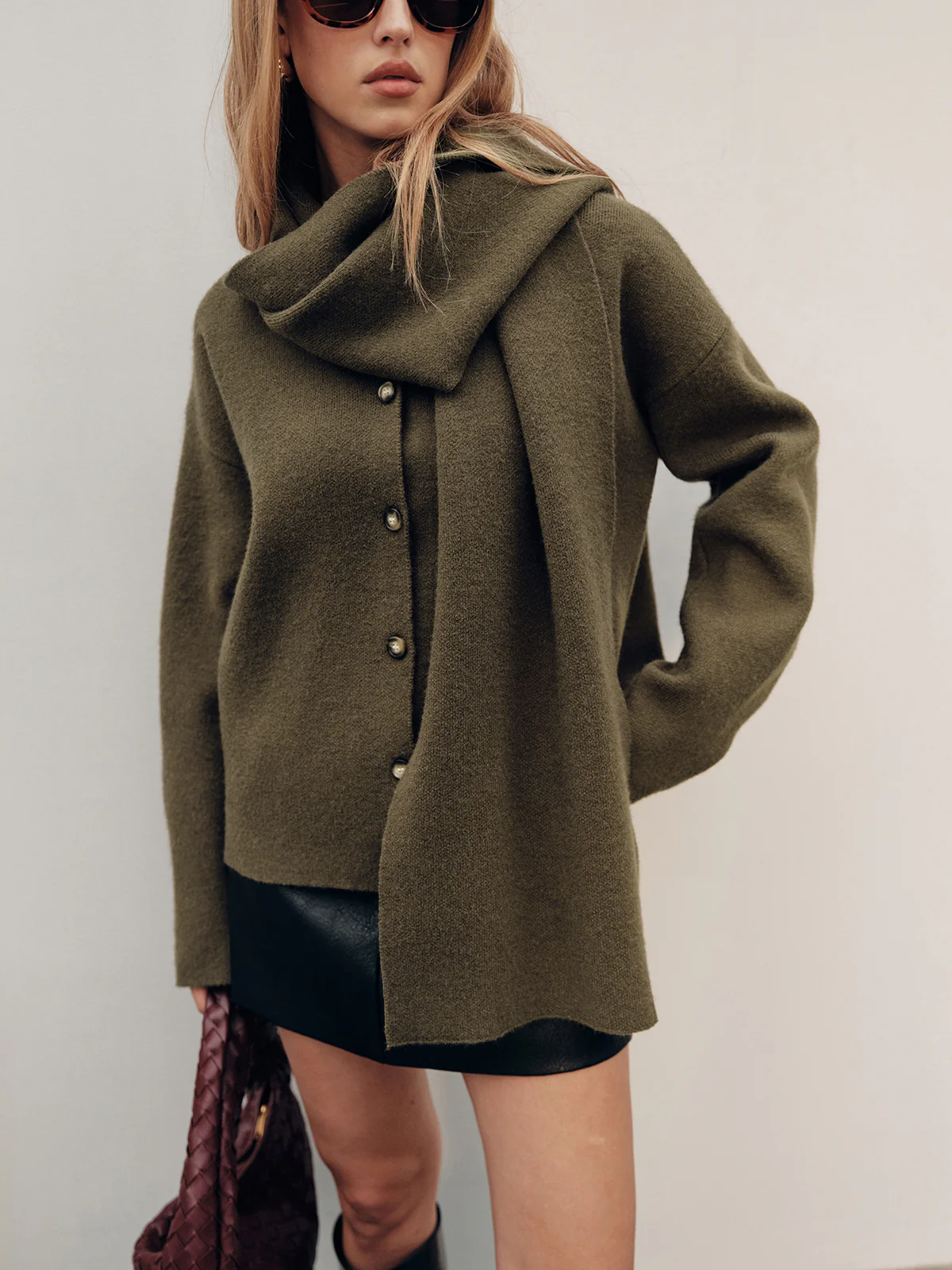 Button-Front Knit Cardigan with Scarf Detail - Wholesalesil