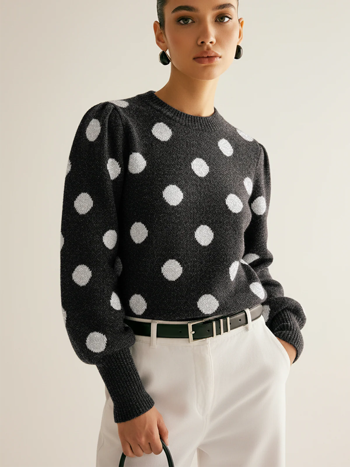 Leg-Of-Mutton Sleeve Polka Dot Wool Blend Sweater - Wholesalesil