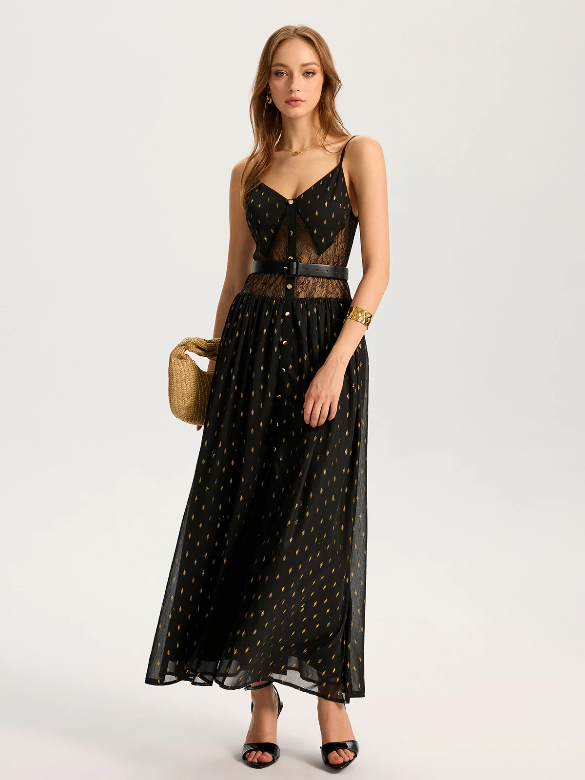 Semi-Sheer Lace Panel Slit Maxi Dress with Belt - Wholesalesil