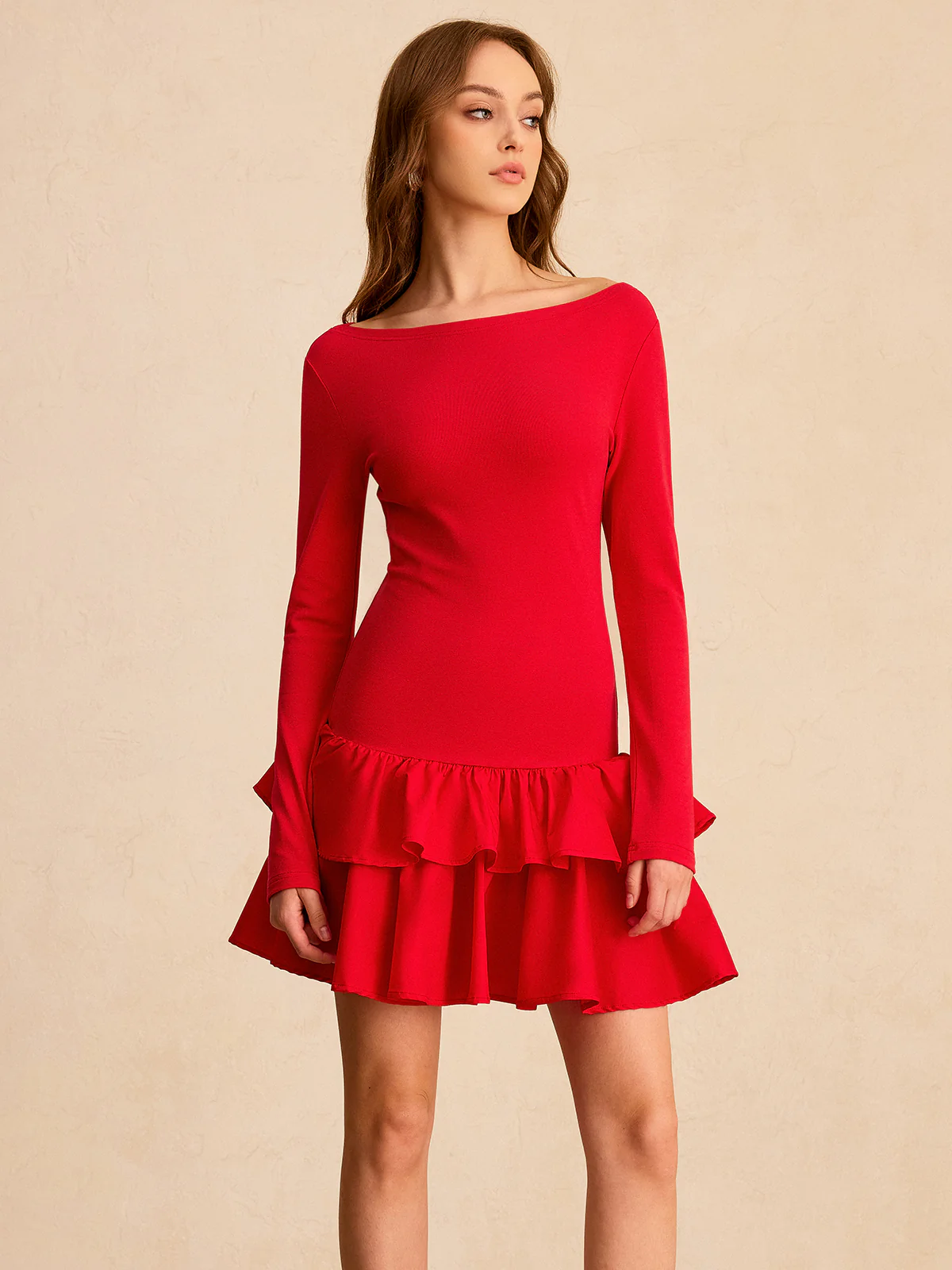Long Sleeve Tiered Ruffle Mini Dress - Wholesalesil
