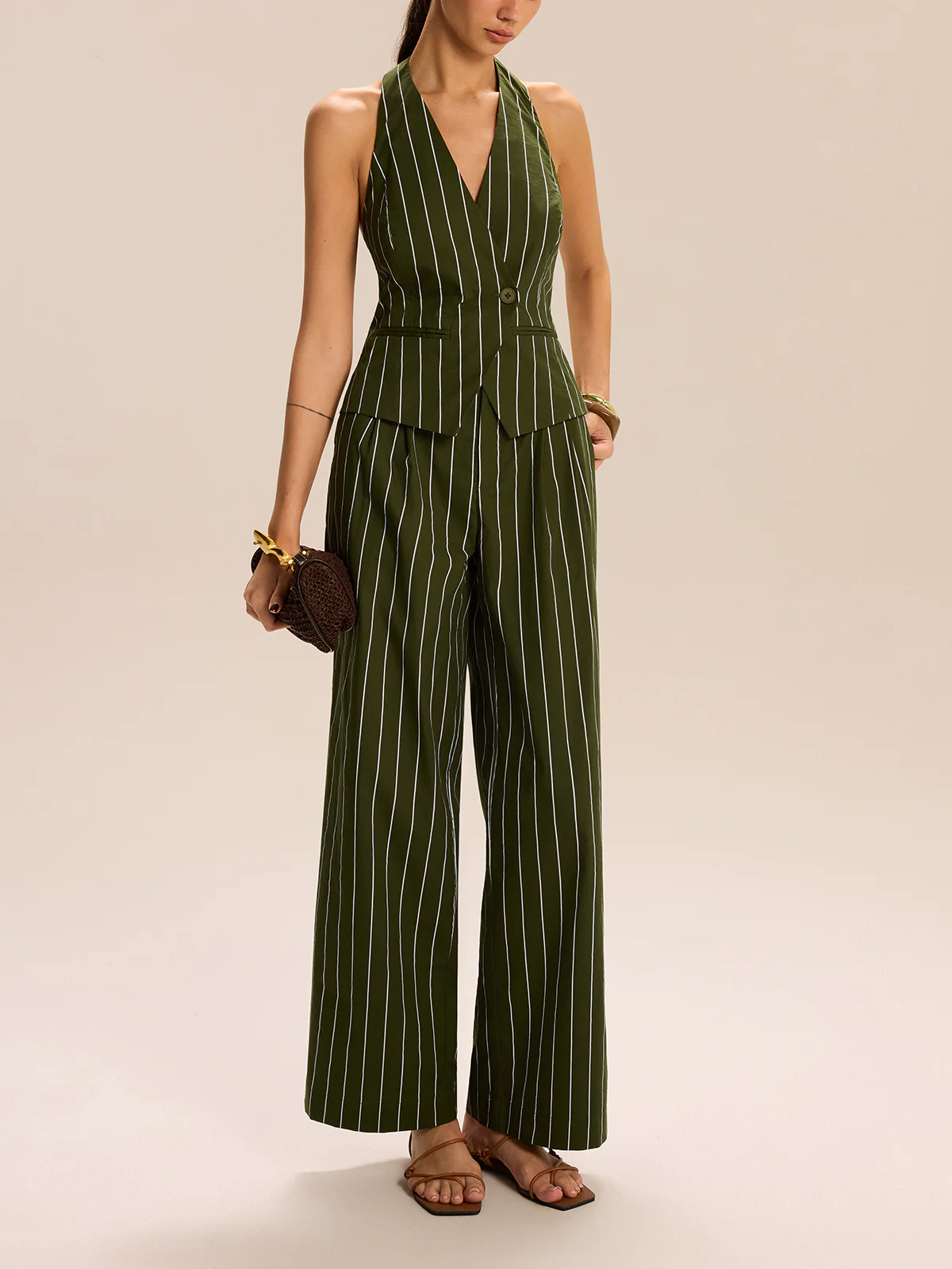 Striped Halter-Neck Vest and Wide-Leg Pants Set - Wholesalesil