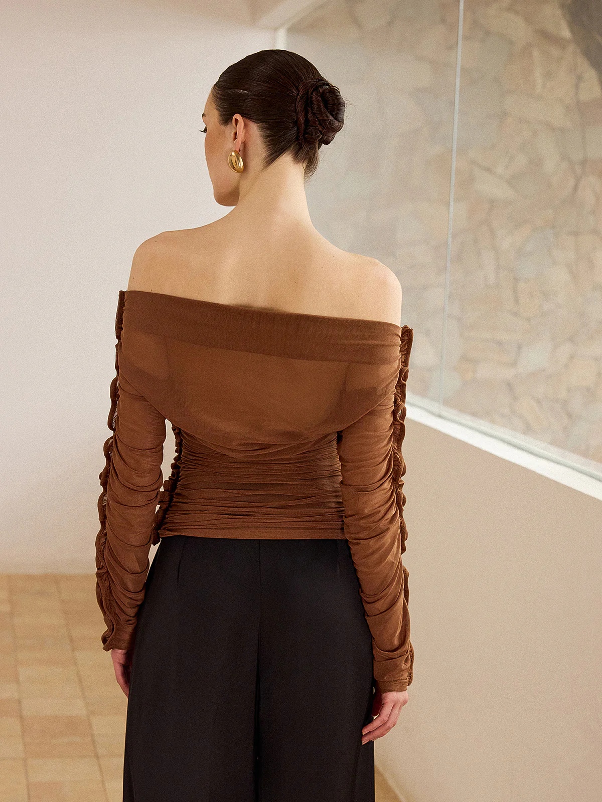 Off-Shoulder Ruched Top with Ruffled Sleeves - Wholesalesil