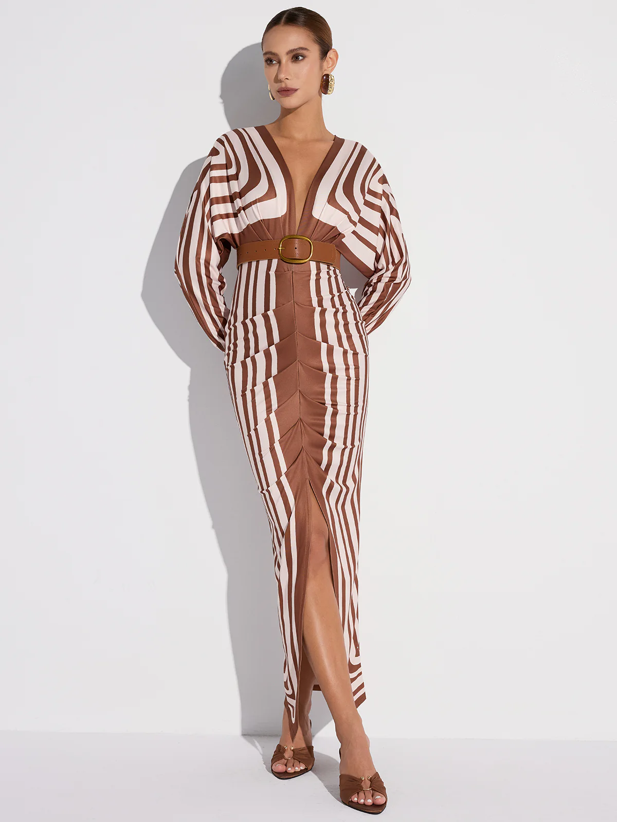 Striped Plunge Neck Slit Midi Dress without Belt - Wholesalesil