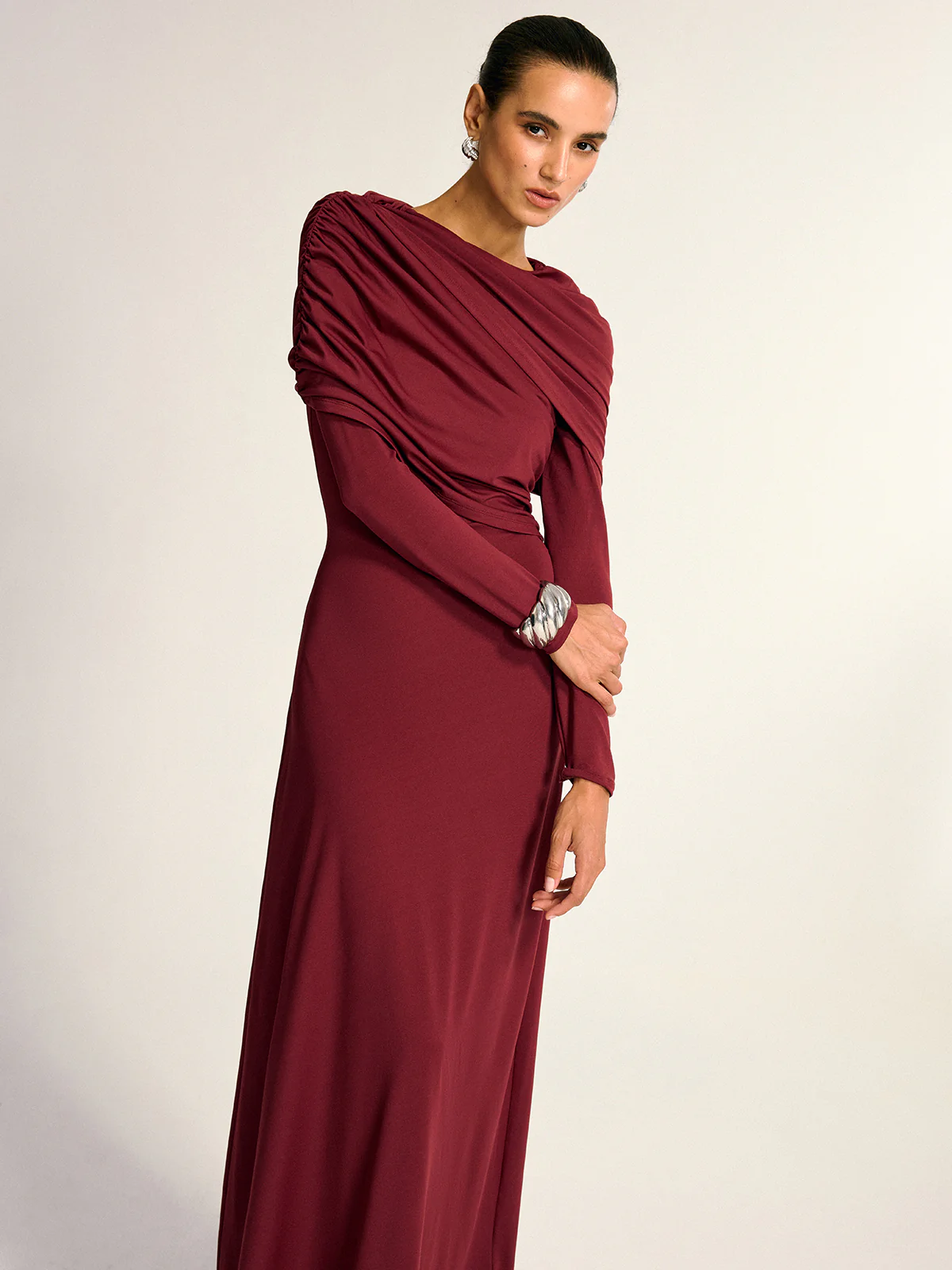Draped Long Sleeve Maxi Dress - Wholesalesil