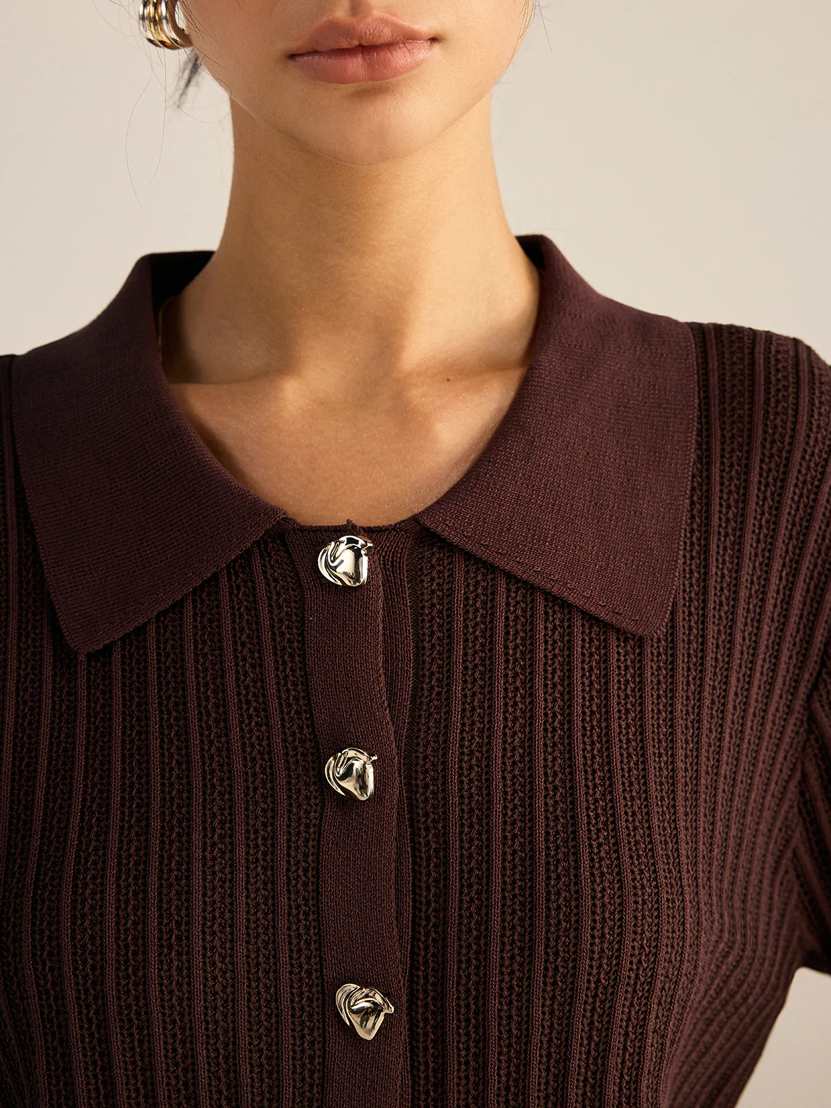 Ribbed Knit Polo-Collar Cardigan - Wholesalesil