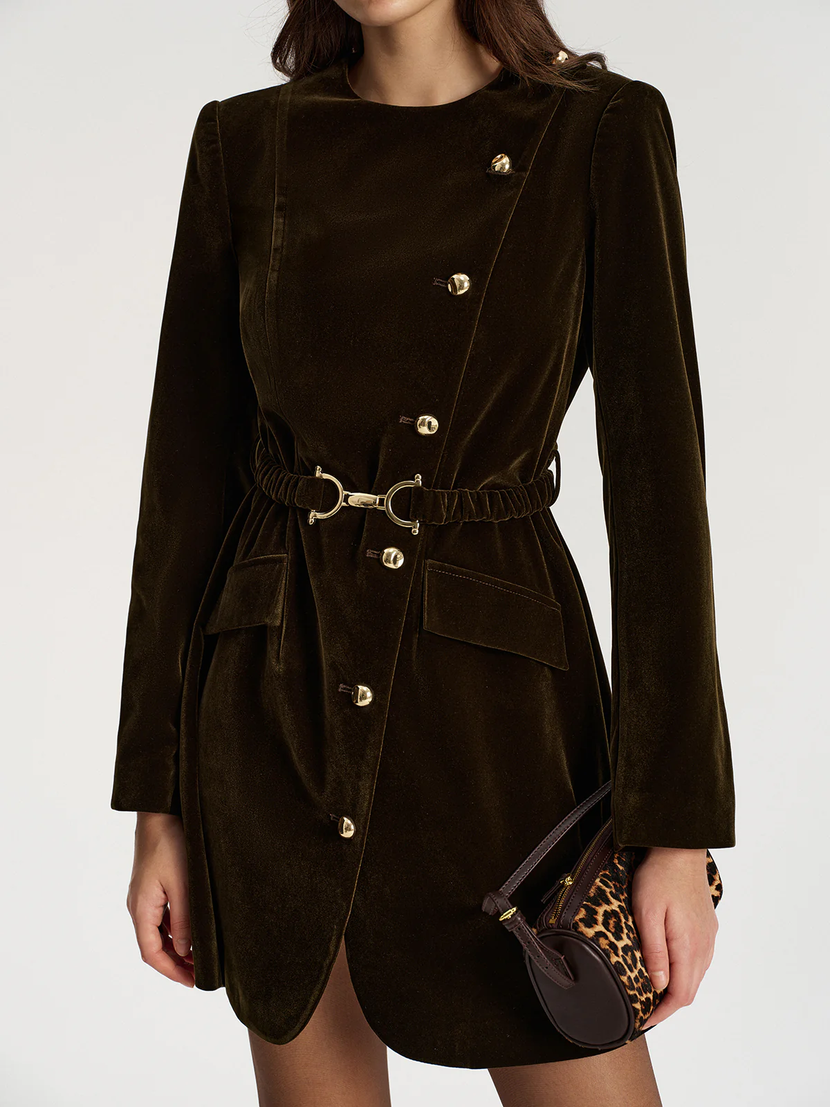 Belted Asymmetric Button Velvet Long Blazer - Wholesalesil