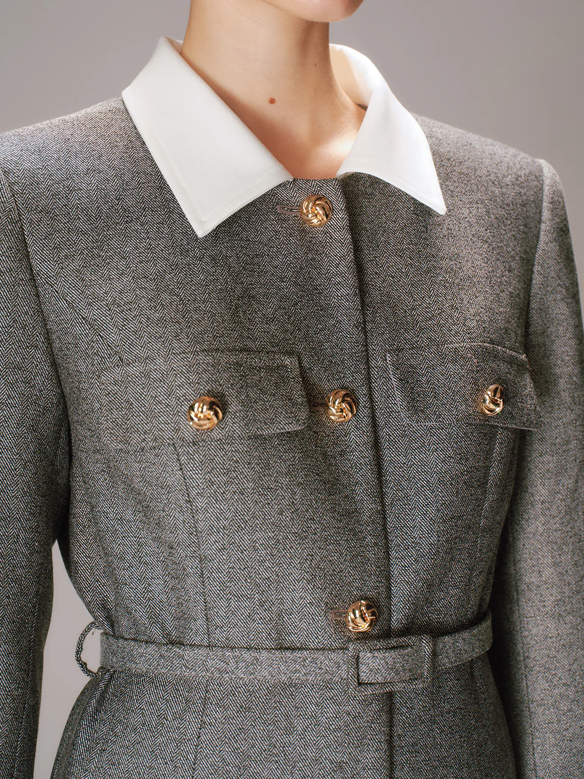 Belted Contrast Collar Tweed Blazer - Wholesalesil