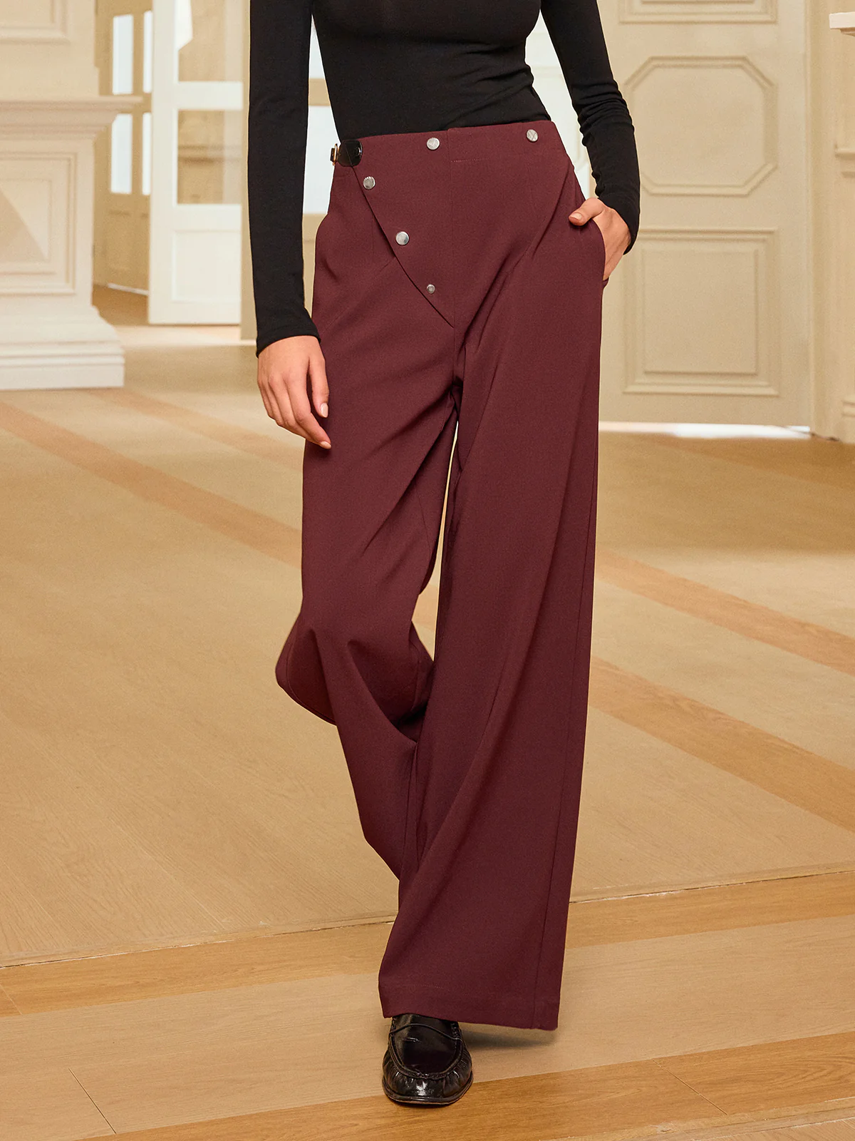 Asymmetric Waistband Straight-Leg Pants - Wholesalesil