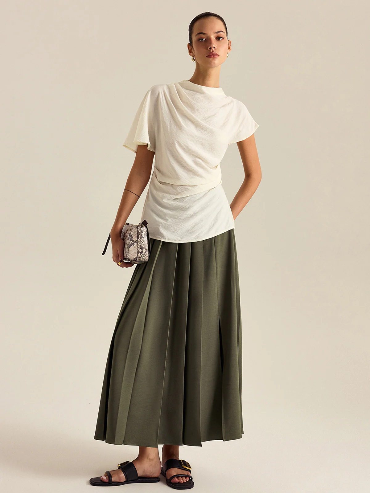 Pleated Midi Skirt with Side Slit - Wholesalesil