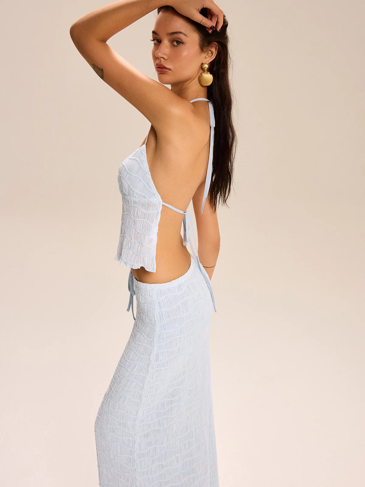 Textured Halter Crop Top and Skirt Set - Wholesalesil