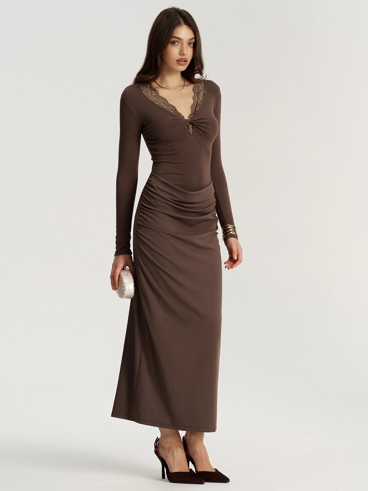 Twisted Lace V-Neck Ruched Maxi Dress - Wholesalesil
