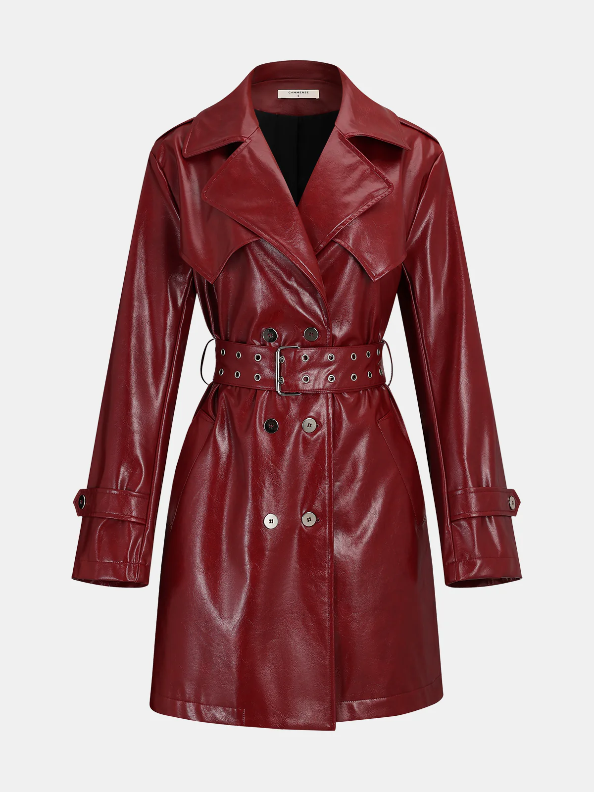 Belted Faux Leather Long Trench Coat - Wholesalesil