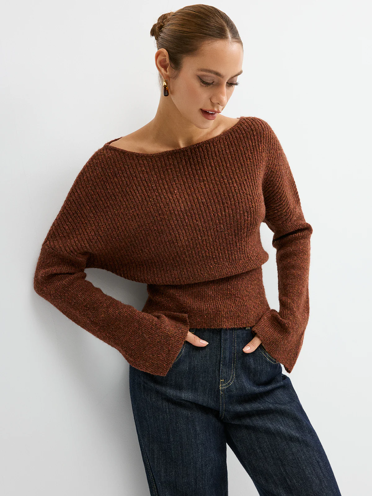 Wool Blend Off-Shoulder Sweater - Wholesalesil