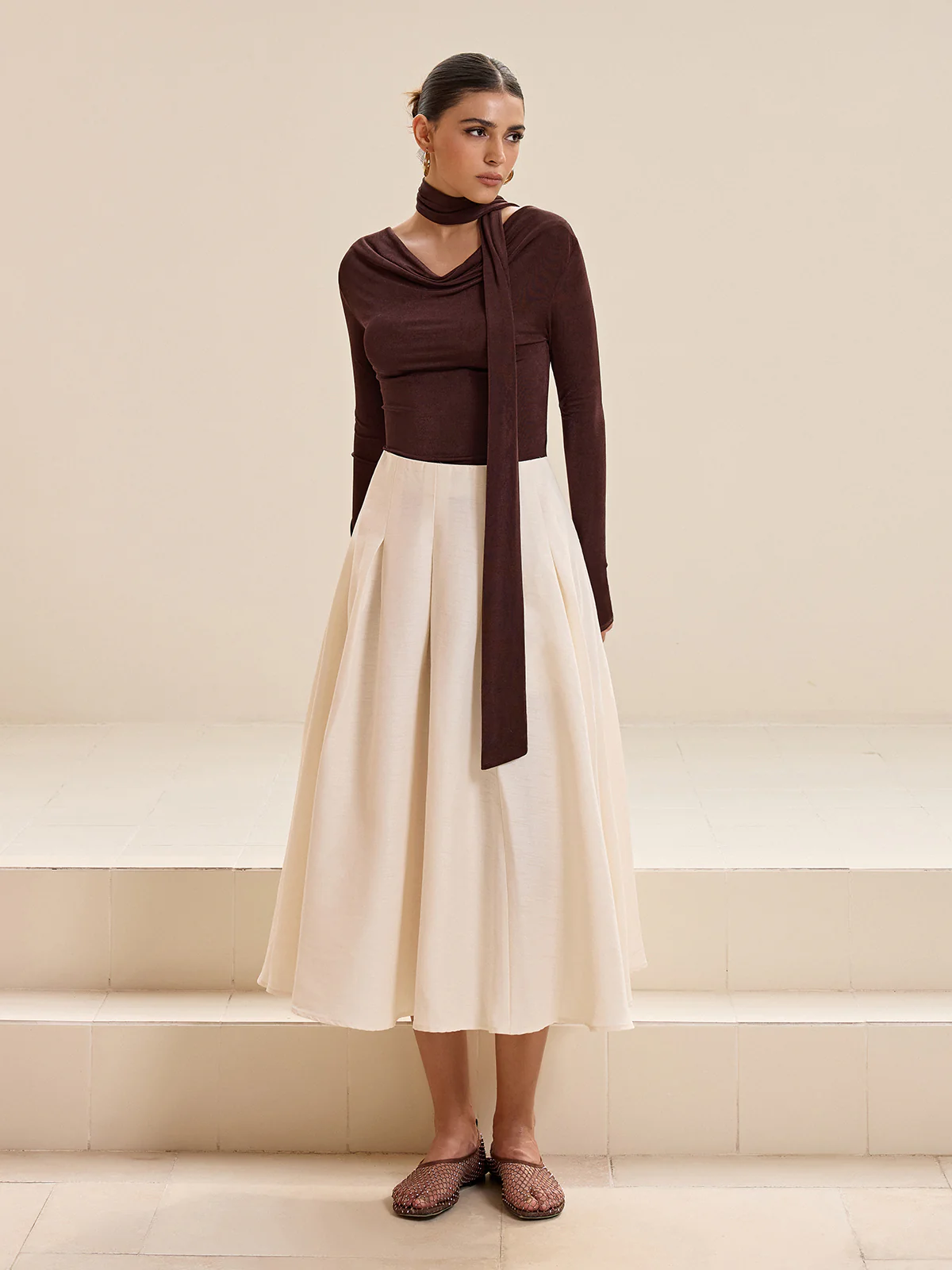 Asymmetric Neck Tie Detail Long-Sleeve T-Shirt - Wholesalesil