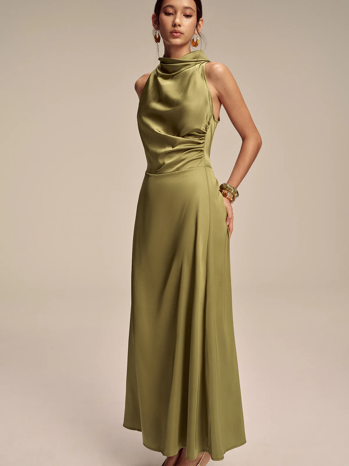 Satin Mock Neck Sleeveless Maxi Dress - Wholesalesil