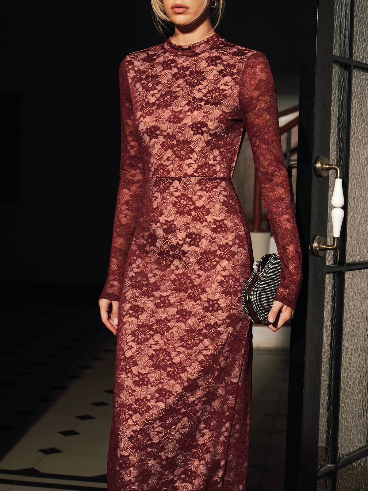 Lace Long Sleeve Fitted Backless Maxi Dress - Wholesalesil