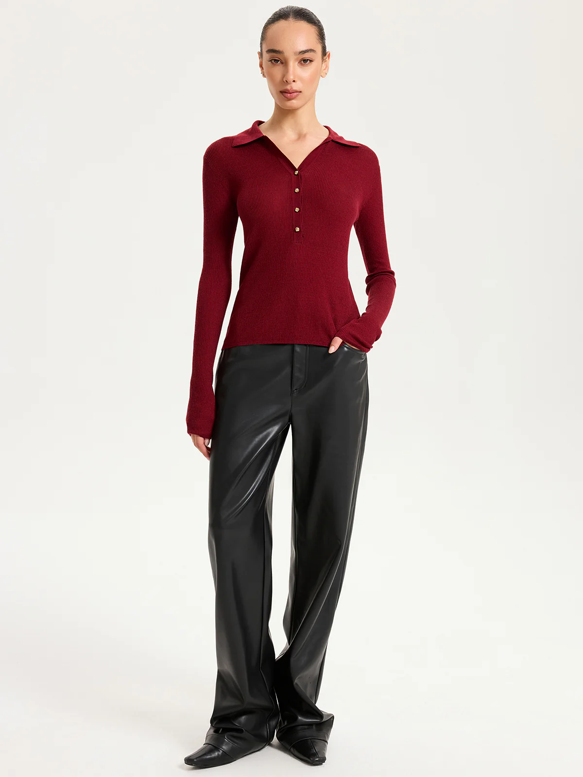 Wool-Blend Buttoned Long Sleeve Polo Knit Top - Wholesalesil