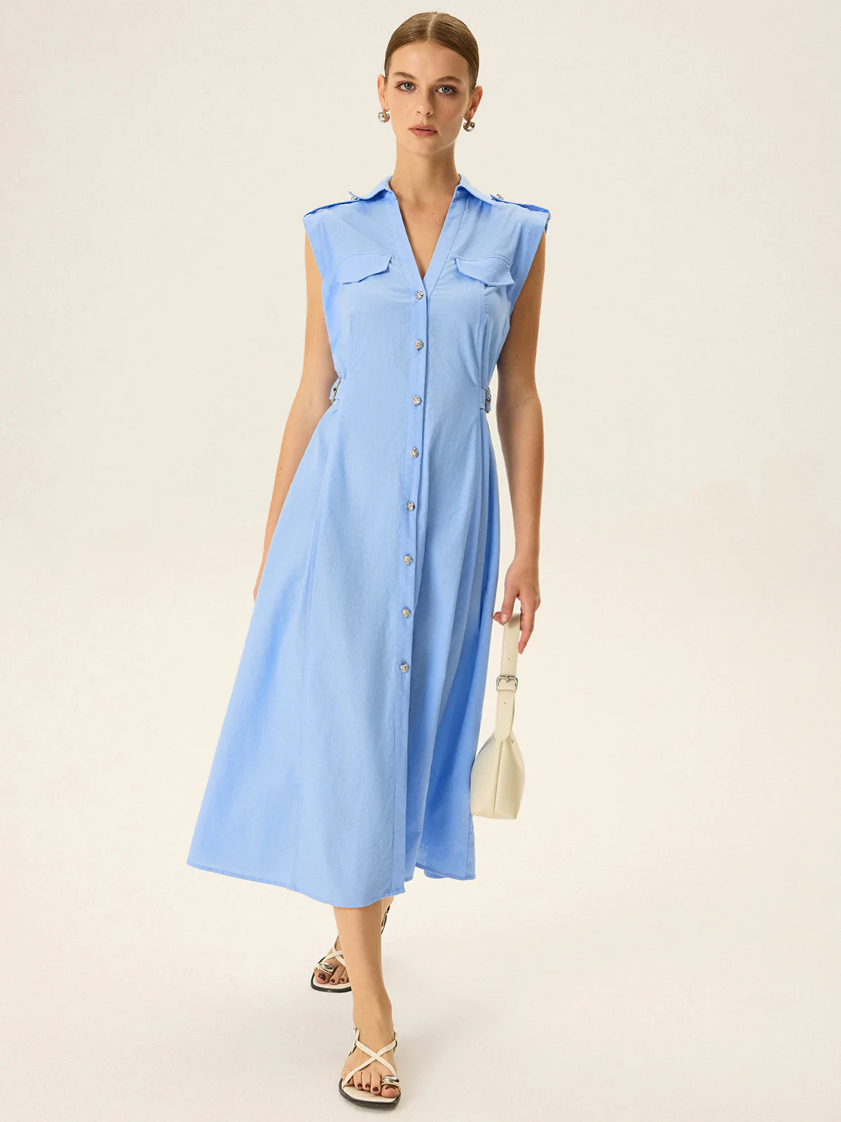 Linen & Cotton V-Neck Midi Dress with Metal Button - Wholesalesil