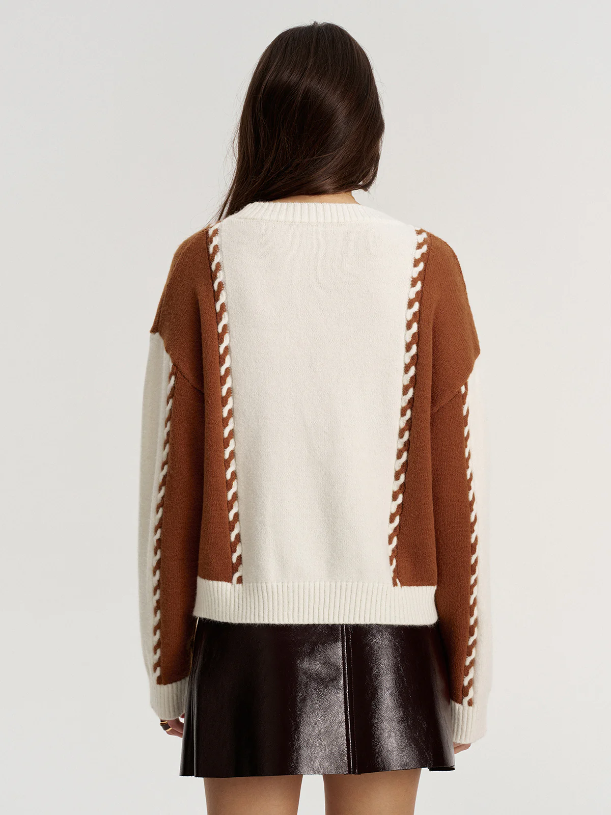 Braided Trim Two-Tone Sweater - Wholesalesil