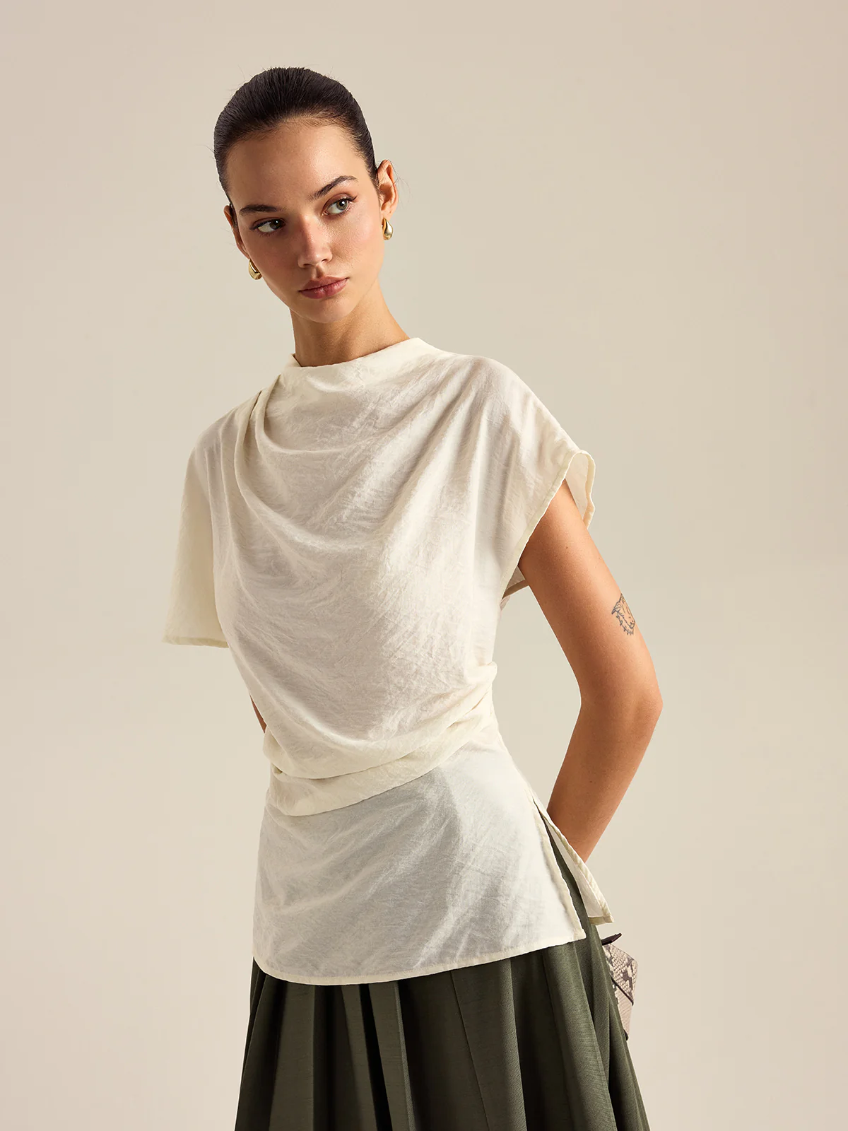 Draped Mock Neck Blouse - Wholesalesil