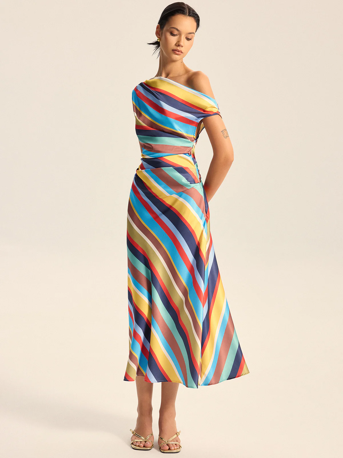 Colorful Striped One-Shoulder Maxi Dress - Wholesalesil
