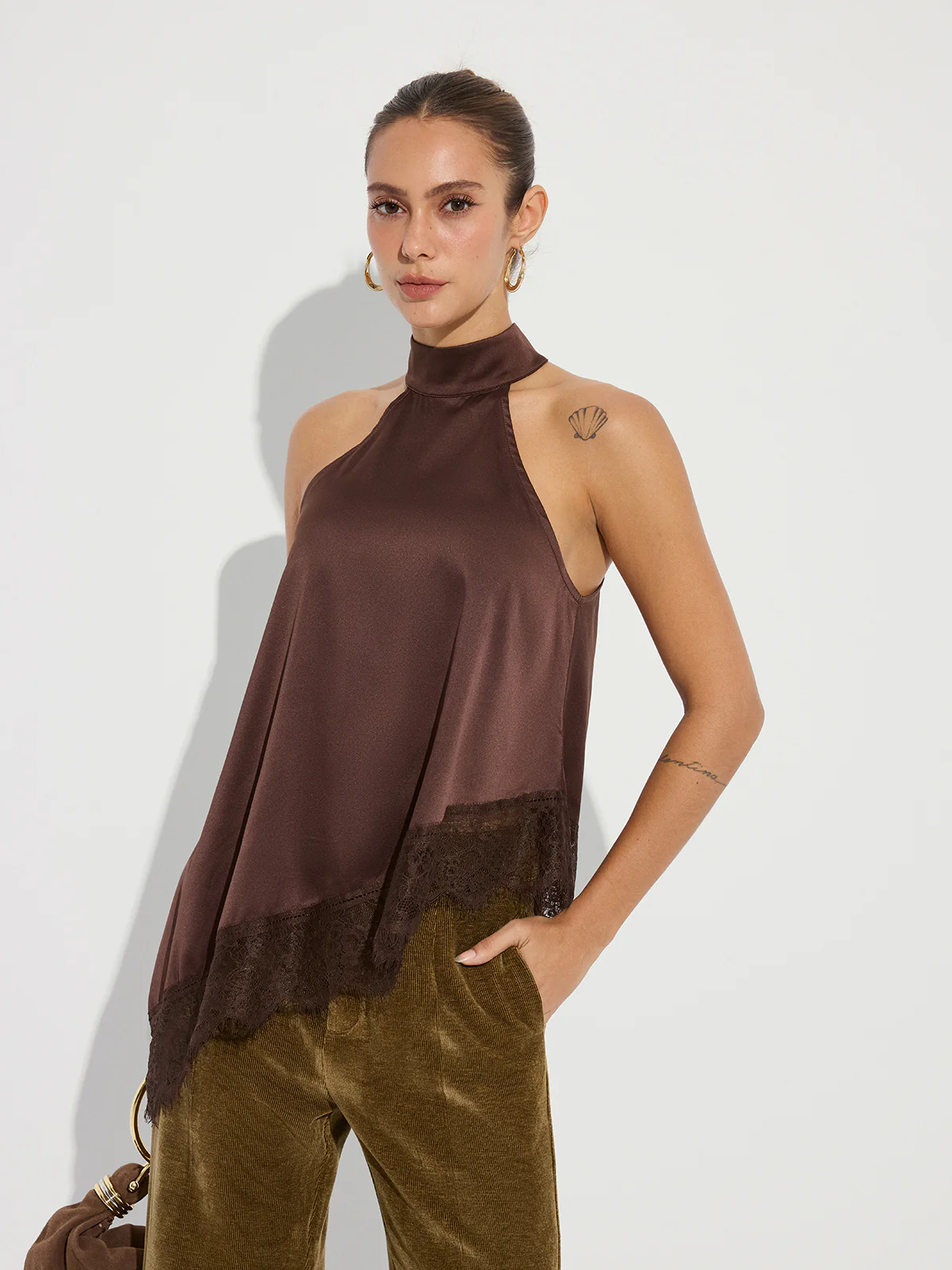 Asymmetric Lace Hem Satin Halter Top - Wholesalesil