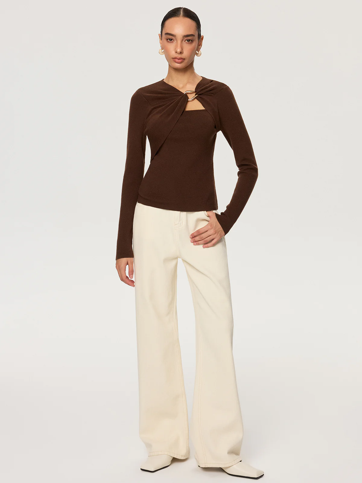 Metal Ring Detail Long Sleeve Knit Top - Wholesalesil