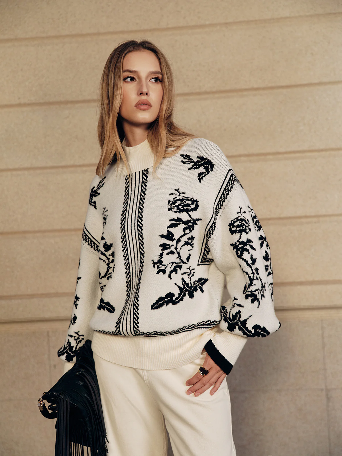 Floral Pattern Mock Neck Balloon Sleeve Sweater - Wholesalesil