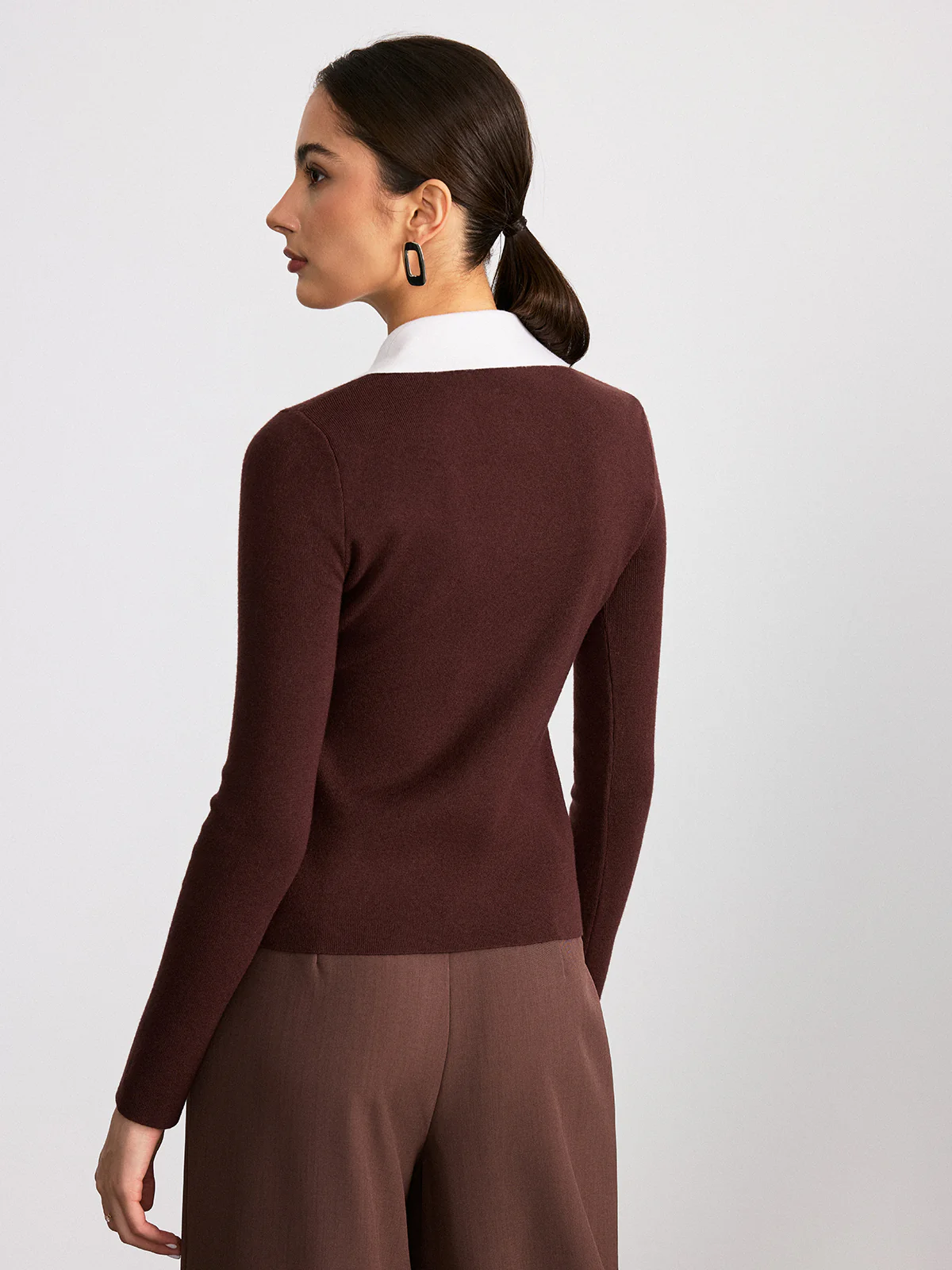 Contrast Collar Wool Blend Zip-Up Cardigan - Wholesalesil