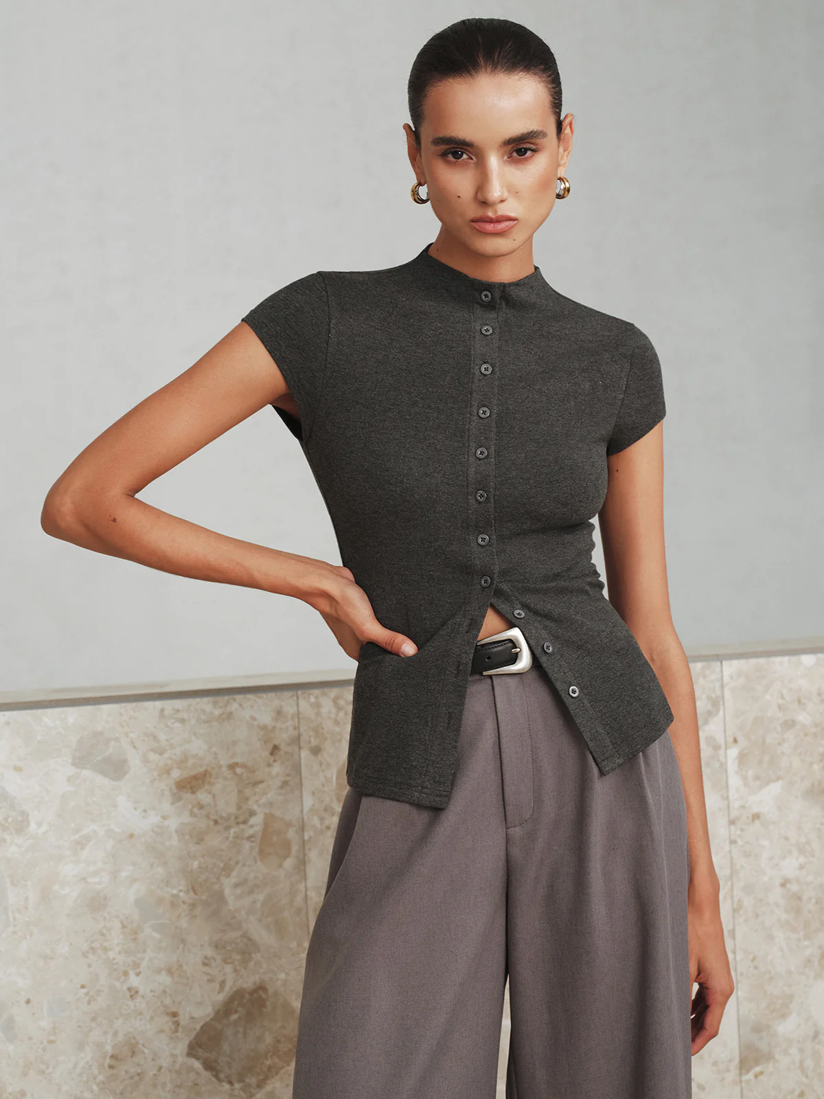 Mock Neck Cap-Sleeve Button T-Shirt - Wholesalesil