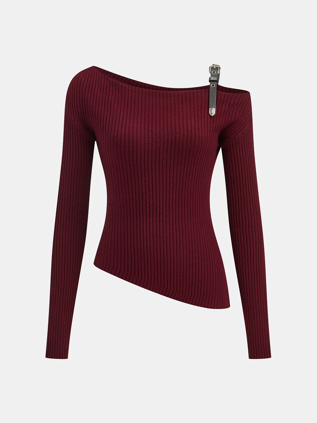 Belt Strap Detail Asymmetric Rib-Knit Top - Wholesalesil