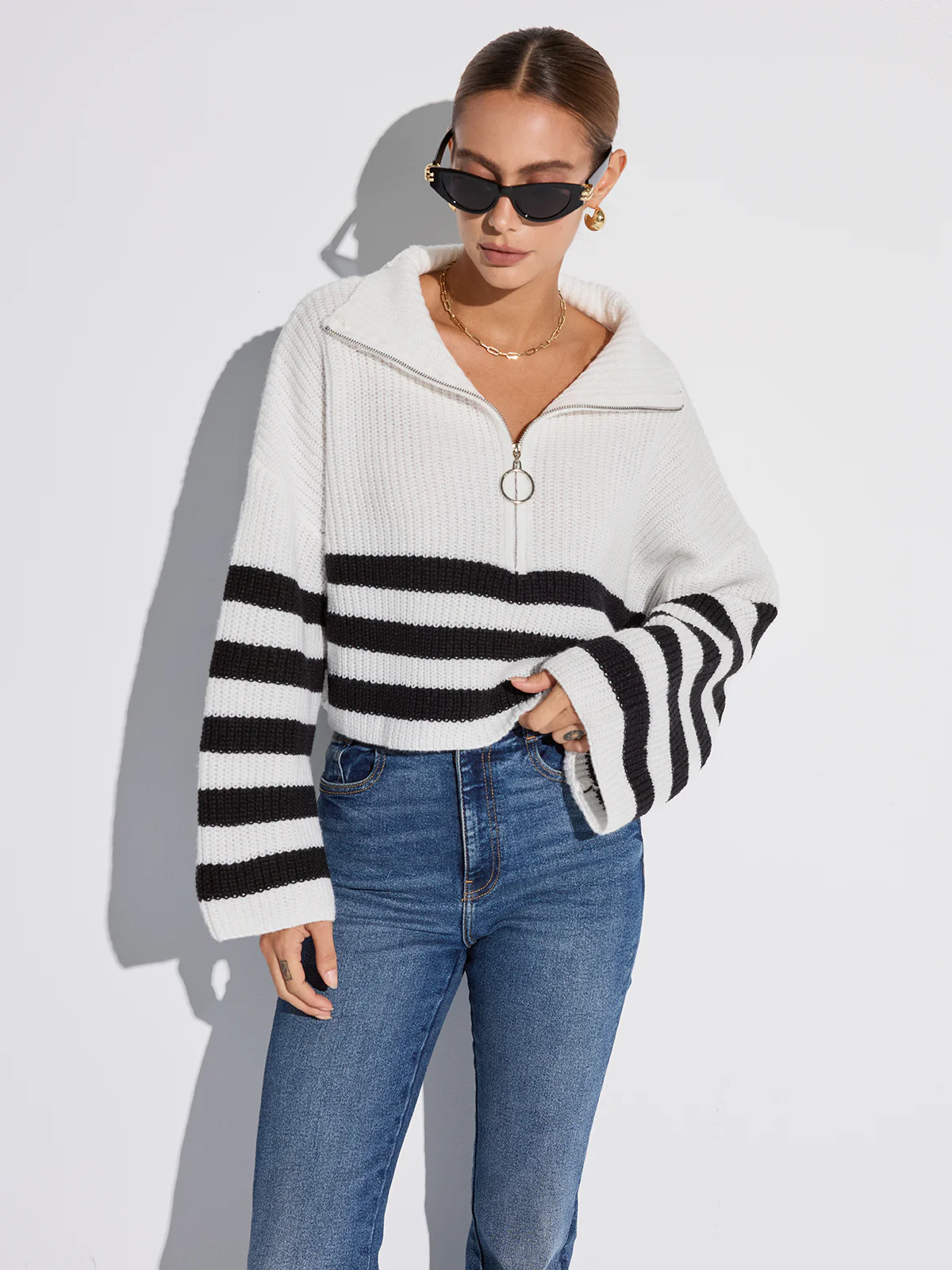 Half-Zip Striped Oversized Sweater - Wholesalesil