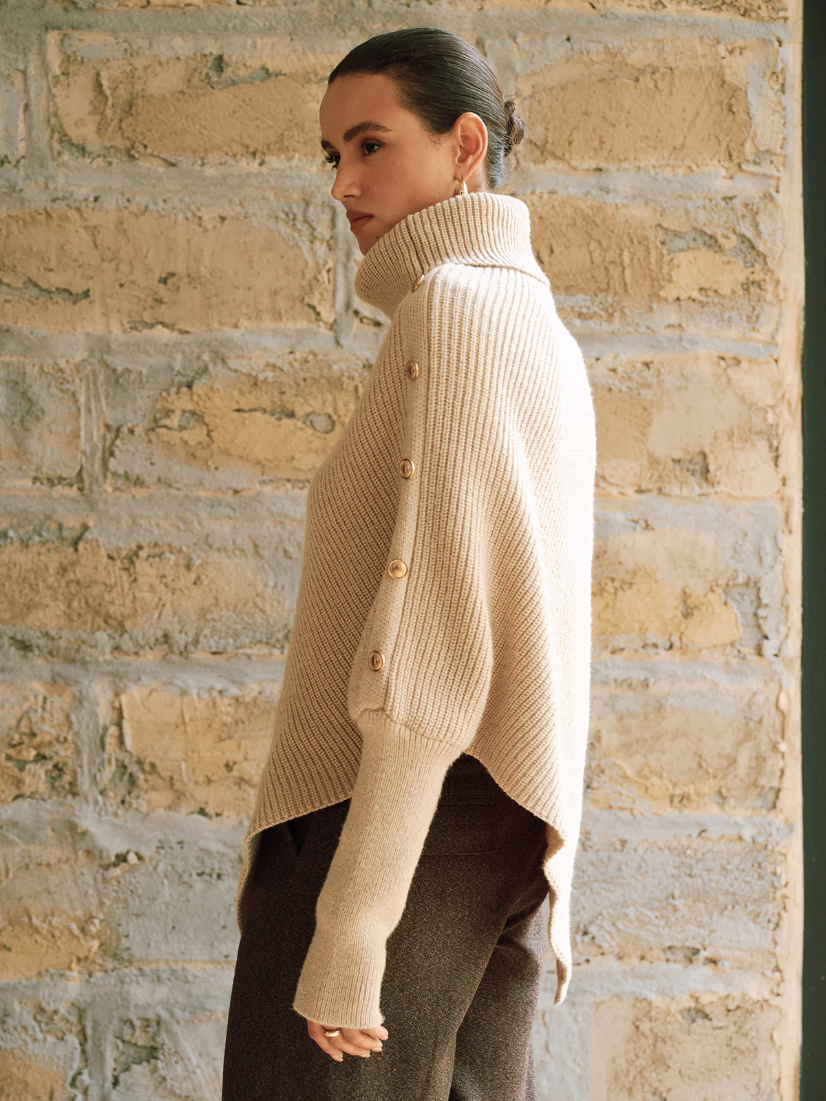 Metal Detail Turtleneck Poncho Sweater - Wholesalesil