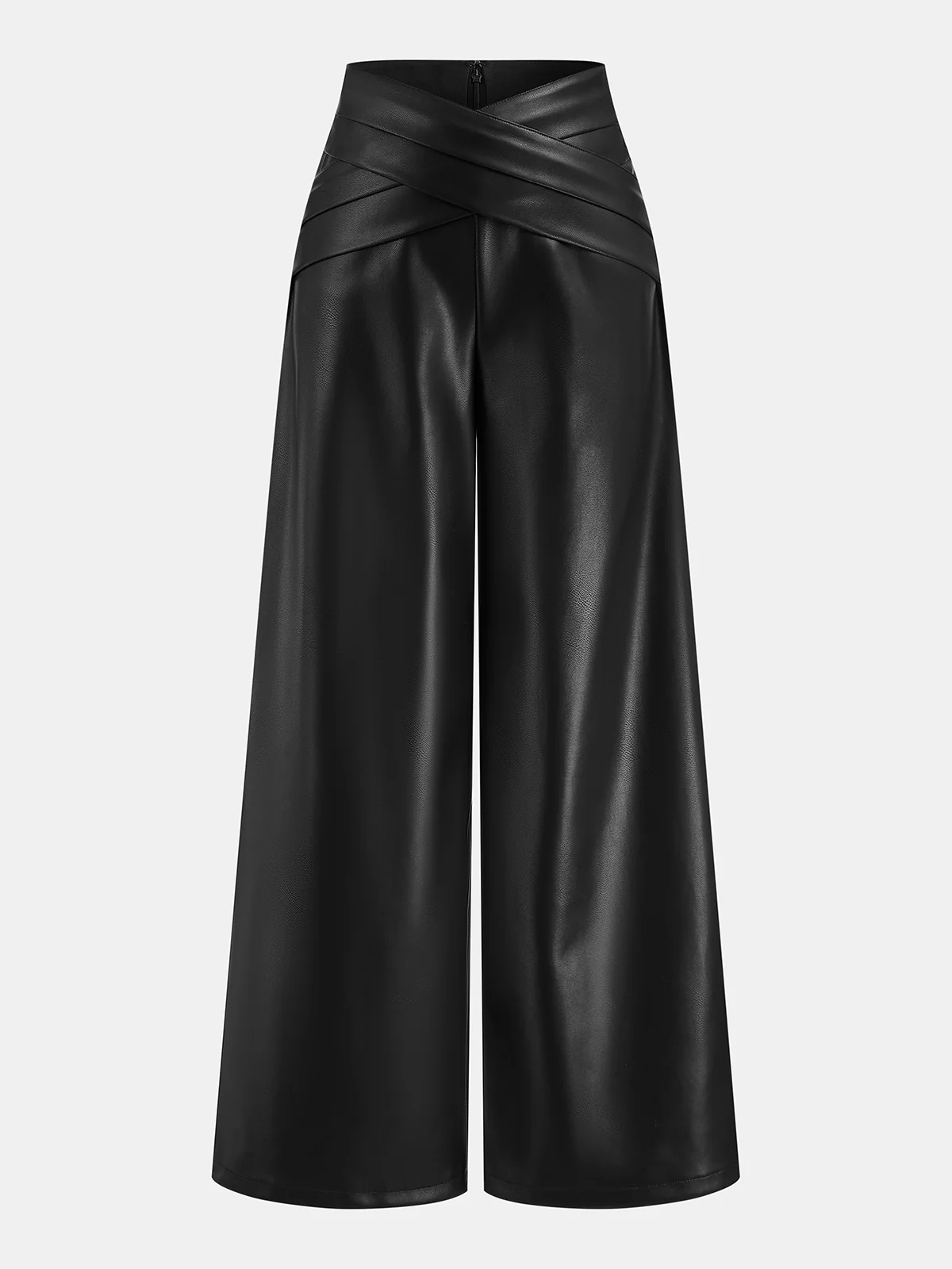 Cross Waistband PU Leather Wide-Leg Pants - Wholesalesil