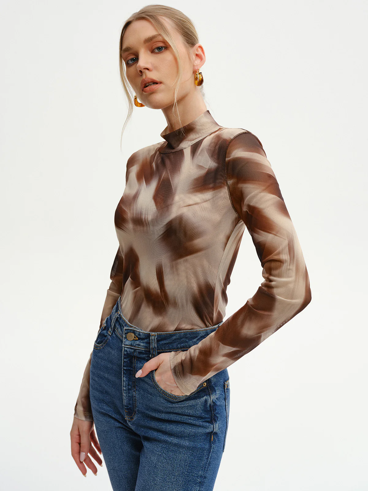 Abstract Print Mesh Long Sleeve T-Shirt - Wholesalesil