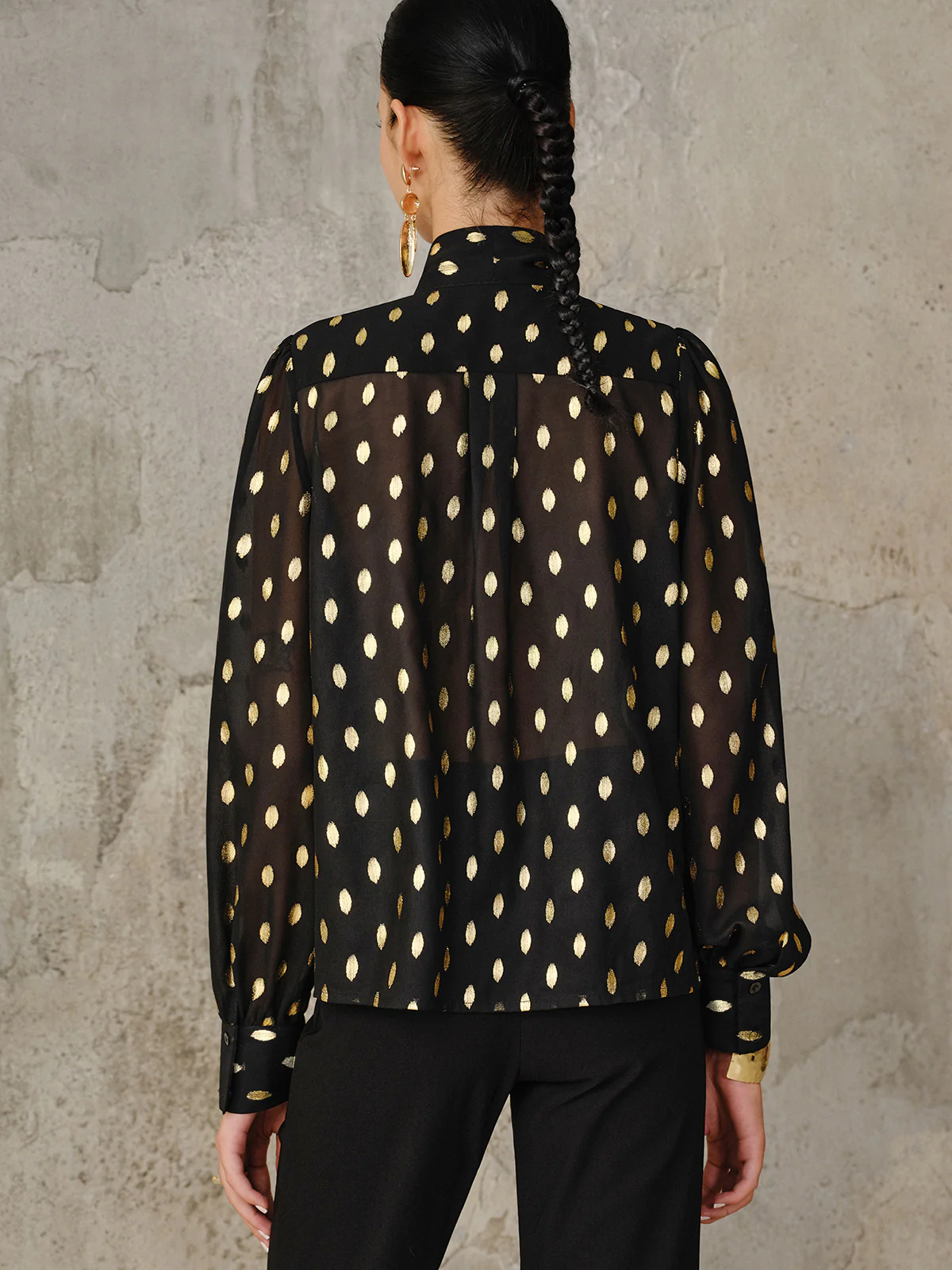 Polka Dot Bow Neckline Semi-Sheer Blouse - Wholesalesil