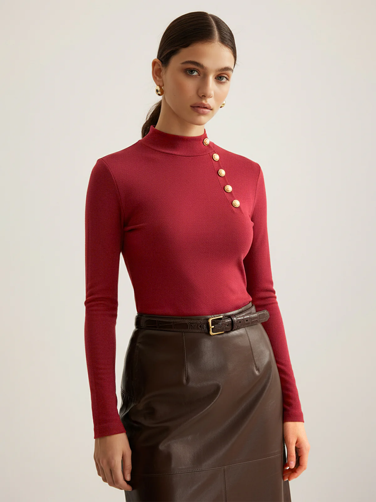Asymmetric Placket Stand Collar Long Sleeve Blouse - Wholesalesil