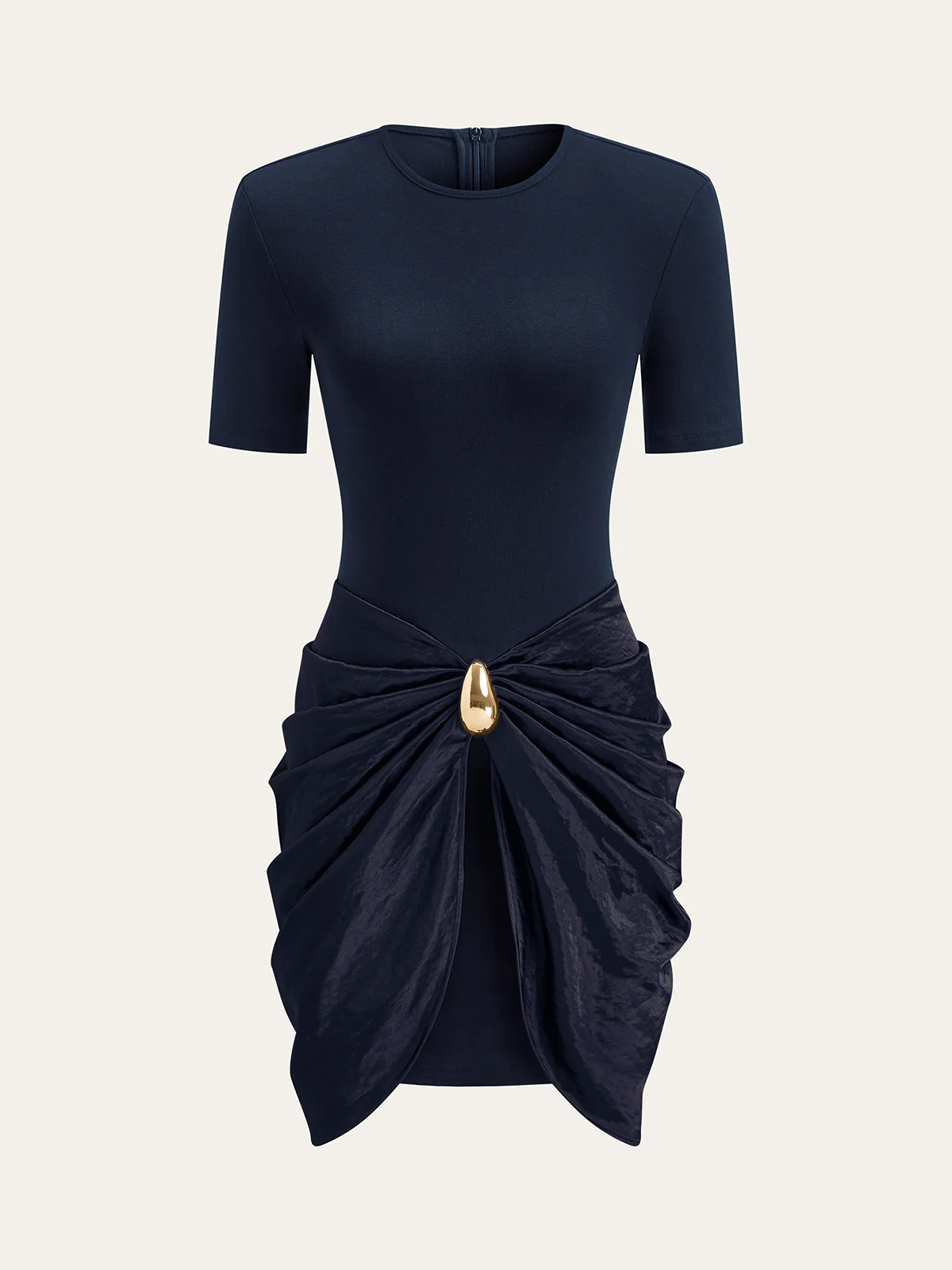 Short Sleeve Ruched Metal Buckle Dress - Wholesalesil