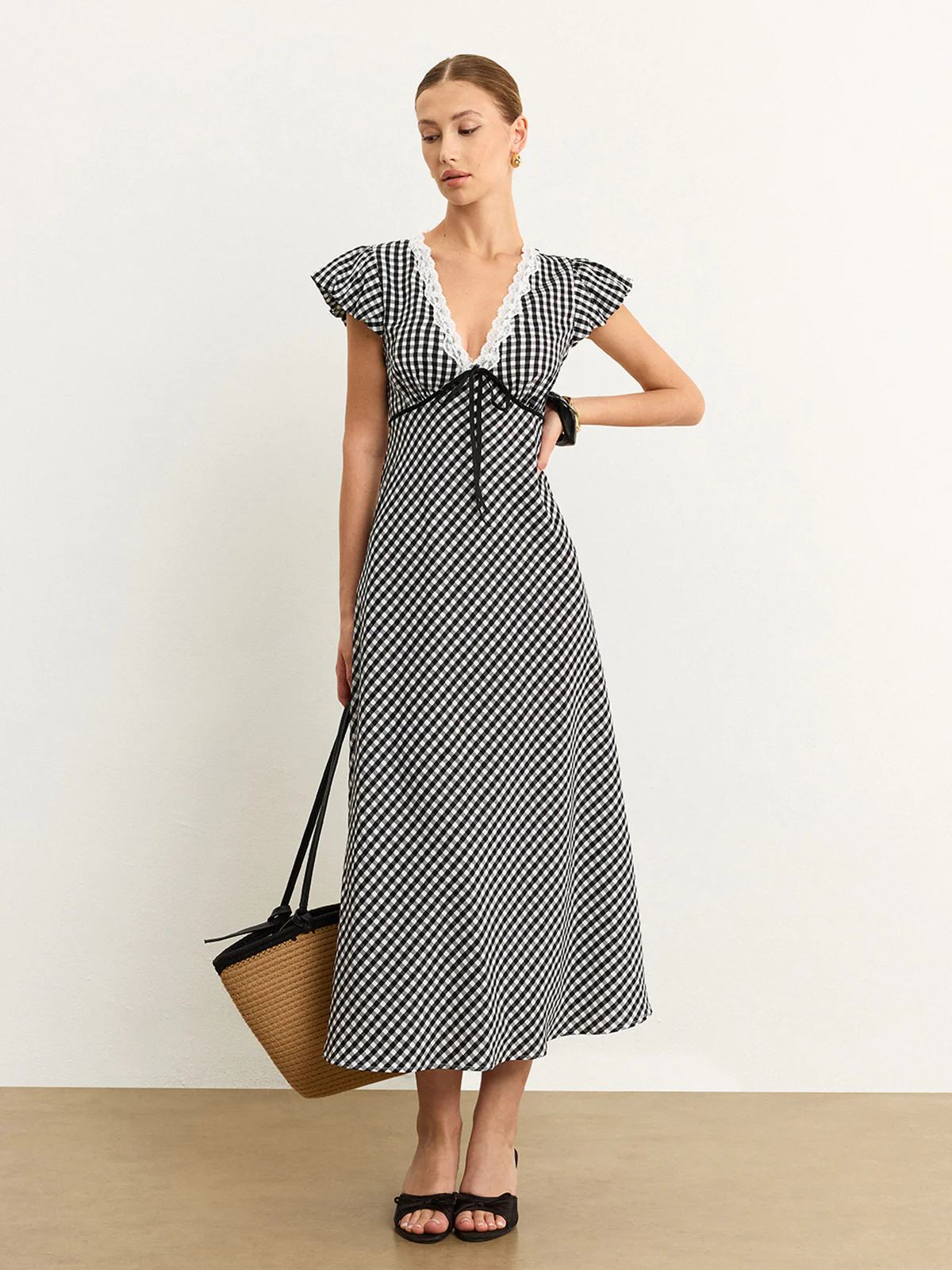 Gingham Lace-Trimmed Midi Dress - Wholesalesil